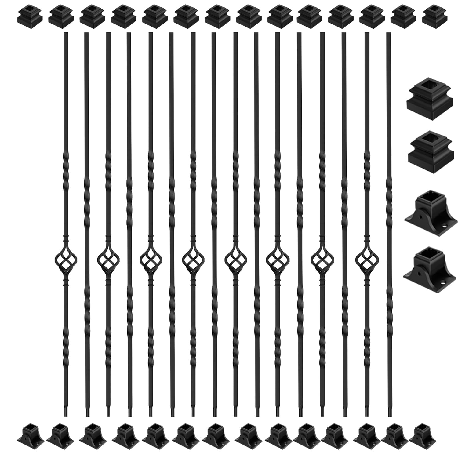 16 Pack Decorative Hollow Iron Balusters for Staircases & Decks - Single Basket & Double Twist Design with 1/2