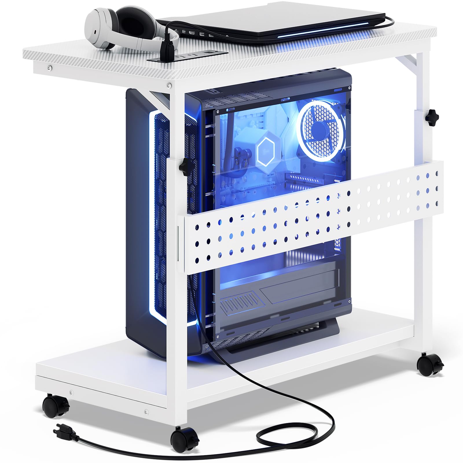 Adjustable Height PC Tower Cart with Wheels & Power Strips - Mobile Rolling CPU Stand with Side Shelf for Computer Desk - 24