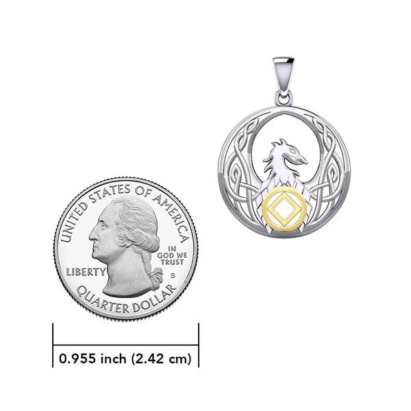 Celtic Phoenix Recovery Pendant - Sterling Silver with 14K Gold Accent - AA or NA Symbol - Adjustable 18