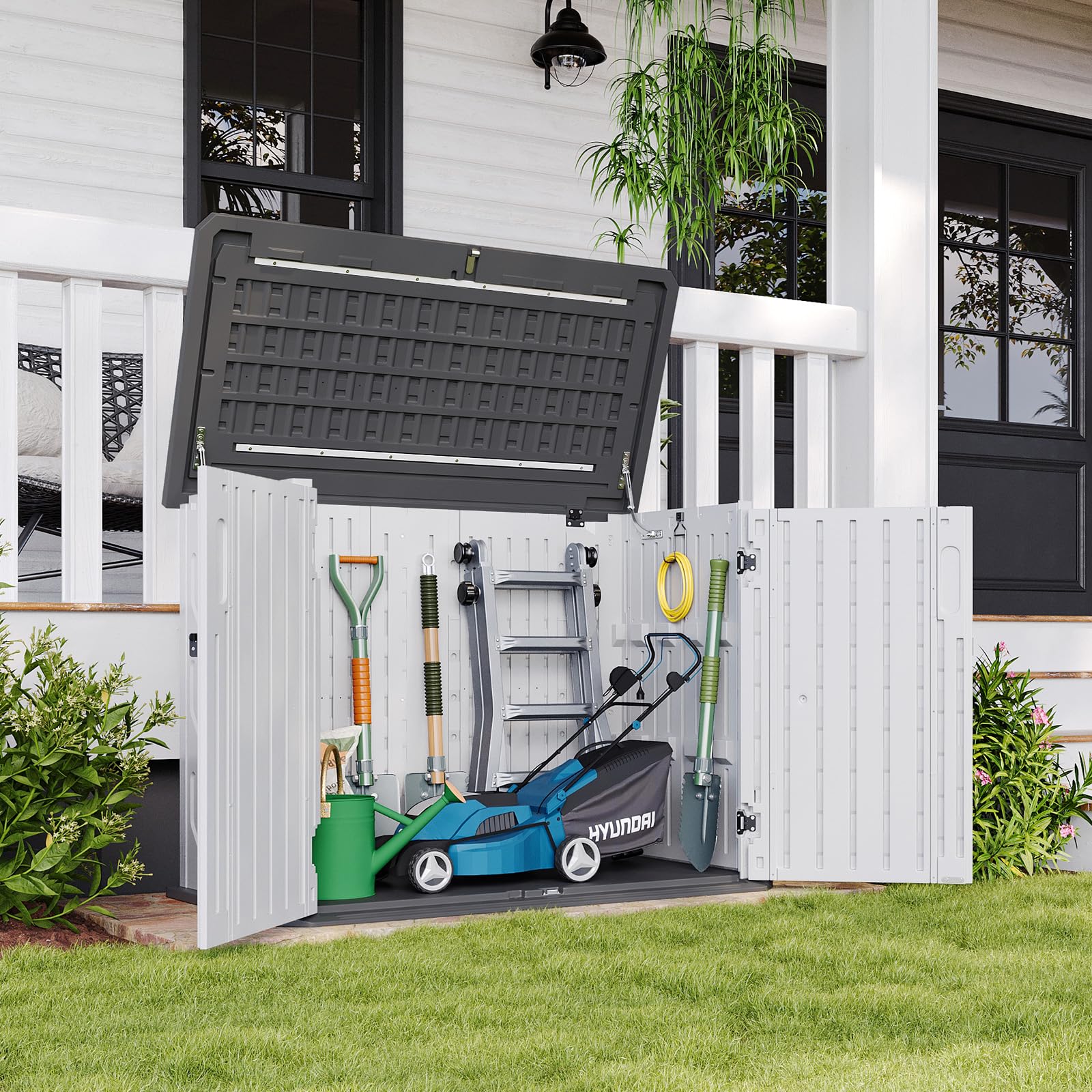 **Aoxun 35 Cu.Ft Outdoor Storage Cabinet – Waterproof Horizontal Trash Can Shed for Garbage Bin, Generator & Lawn Mower – Perfect for Backyard, Patio & Garage Organization (White)**