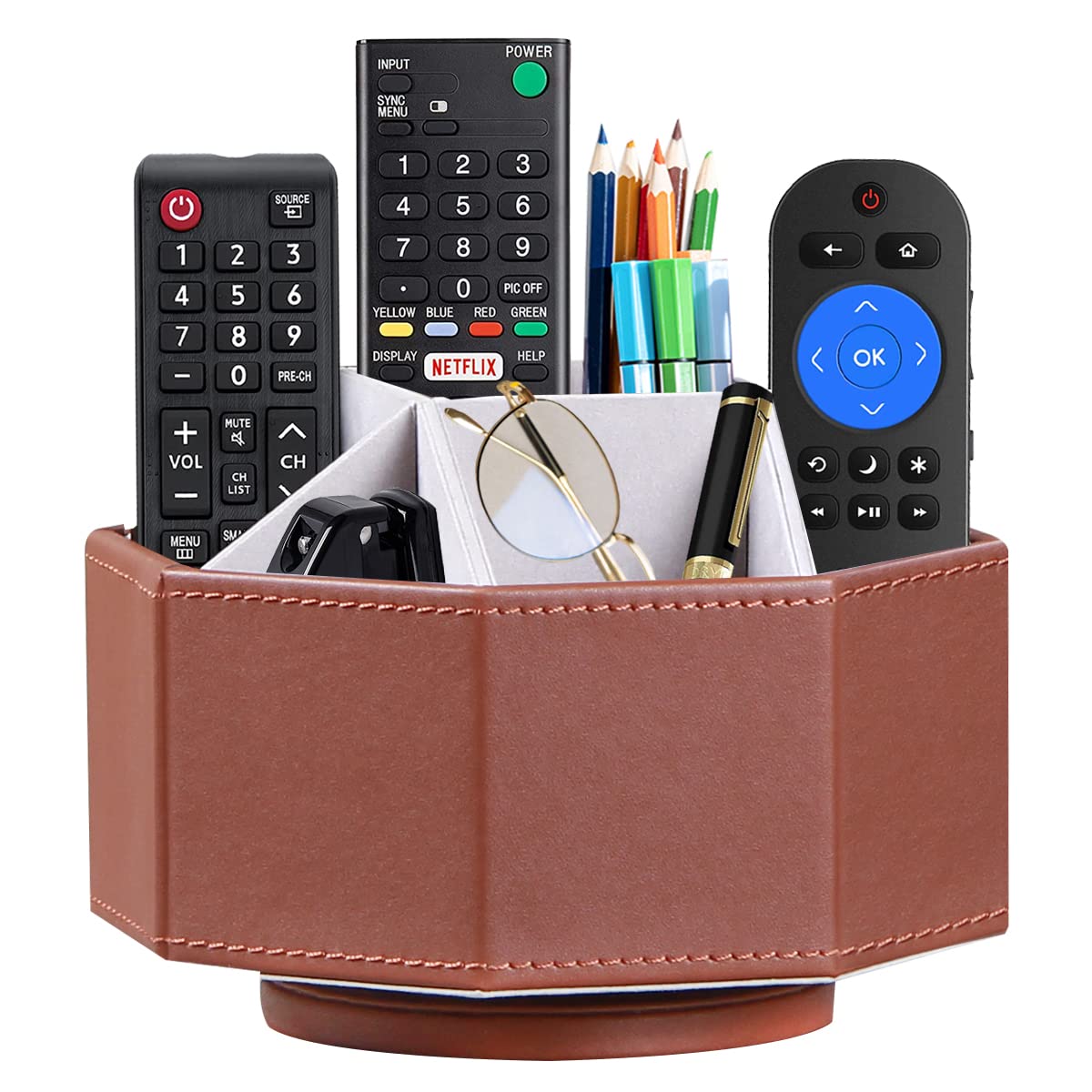 Rotating 9-Slot Pen Holder for Desk - PU Leather Desk Organizer with Swivel Base for Office Stationery, Remote Controls & Accessories - Perfect for Home Office, Living Room & Bedside Table Storage