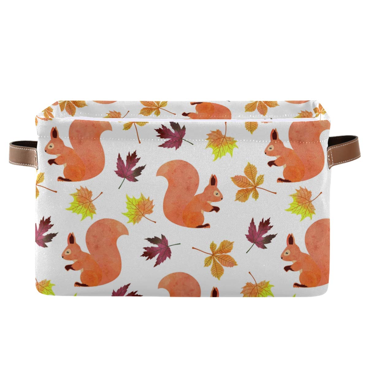 AUUXVA Collapsible Storage Basket - Durable Canvas Organizer Bin with Handles for Toys, Clothes & Home Organization | Perfect for Bedroom, Closet & Office (Forest Squirrel Maple Leaf Design, 1-Pack)