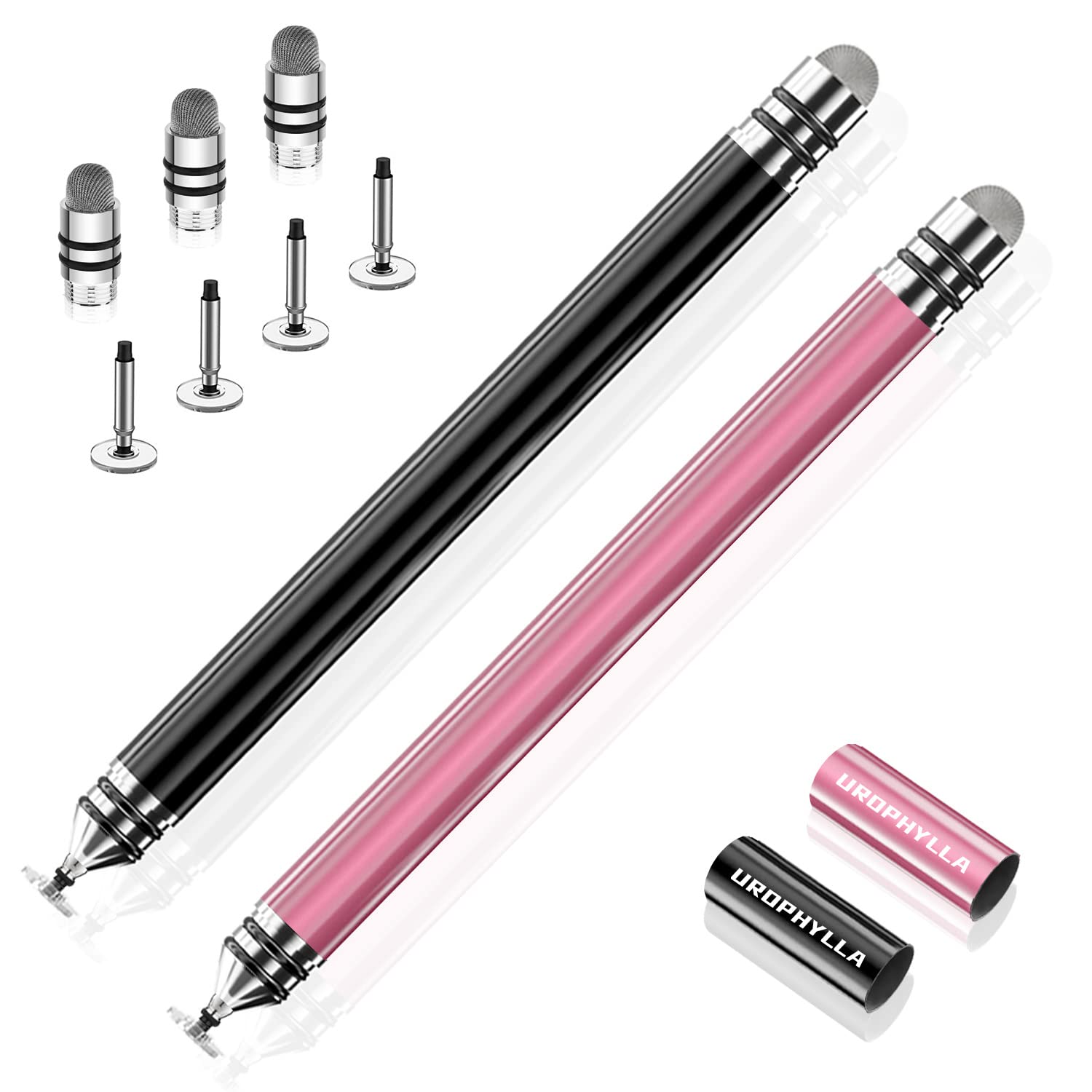 UROPHYLLA Fine Point Stylus Pen for iPad, iPhone & Touch Screens - 2 Pack with 7 Replacement Tips (Black/Pink) | Precision Drawing, Note Taking & Digital Art Creation