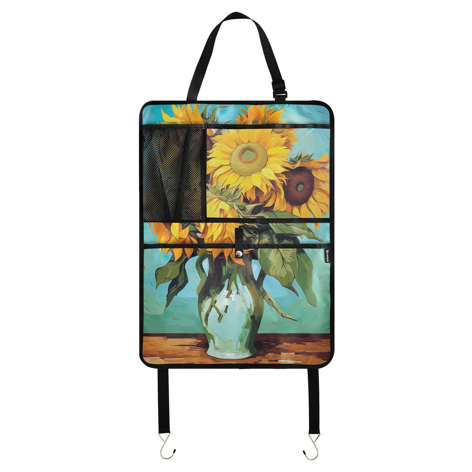 Sunflower Oil Painting Car Seat Protector with Storage Pockets - Waterproof Back Seat Kick Mats & Vehicle Organizer for Cars, SUVs, Trucks - Perfect for Family Road Trips & Pet Protection
