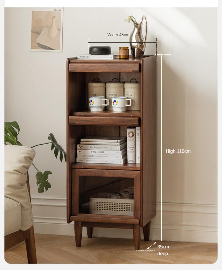 Solid Black Walnut & Oak Wood Glass Flip Door Display Cabinet with LED Lights - Perfect for Living Room, Bedroom & Office Storage & Display