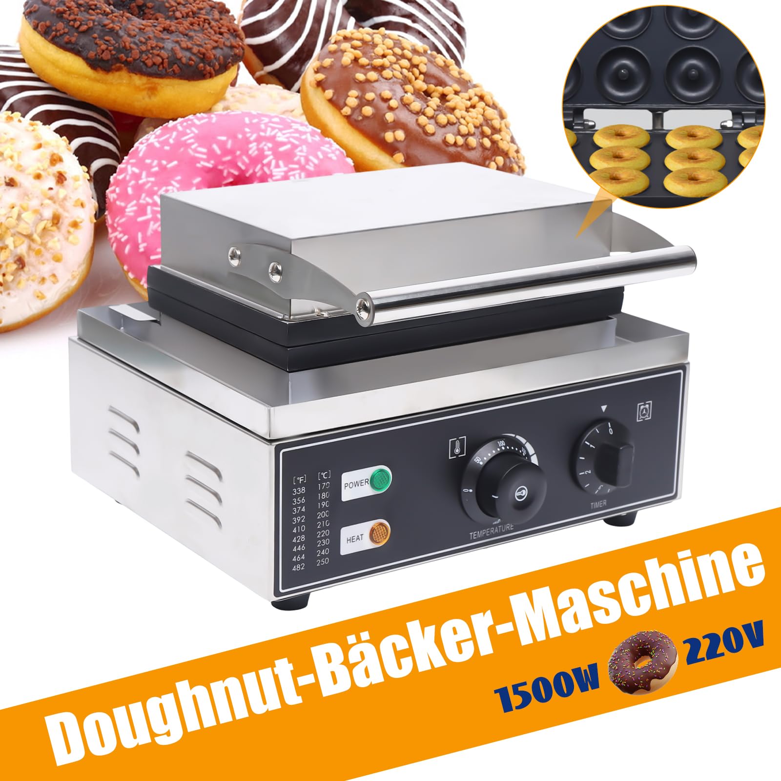 Electric 12-Hole Donut Maker Machine - Nonstick Doughnut Baking Pan with 5mm Fast Heating & Double-Sided Temperature Control (50-300°F) - Compact & Modern Silver Design for Home, Party, and Bakery Use