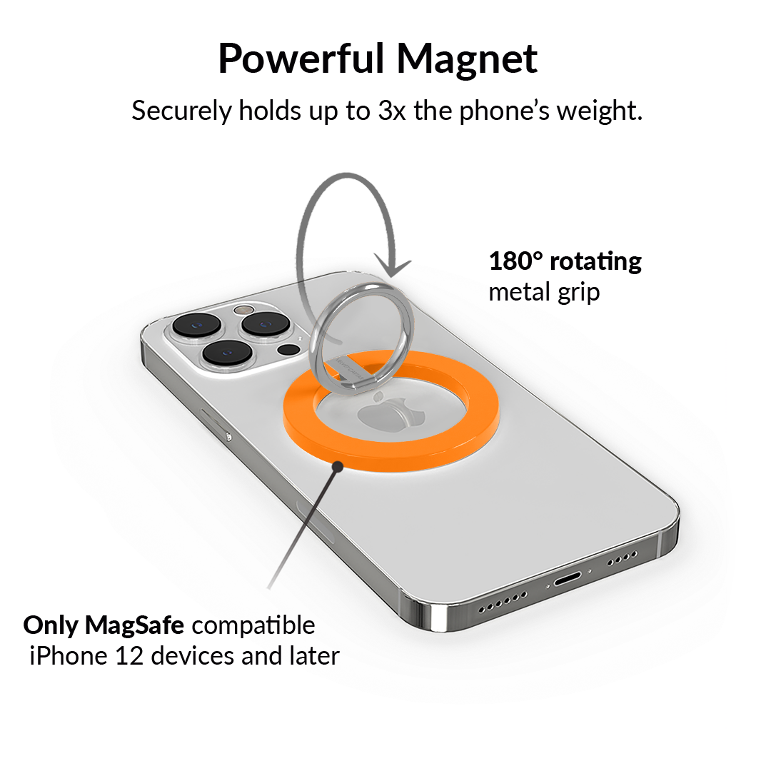Neon Orange MagSafe Grip Ring Holder for iPhone 14/13/12 Pro Max - Anti-Slip Phone Stand with 360° Rotation, Perfect for Car Mount, Desk Use & One-Handed Operation