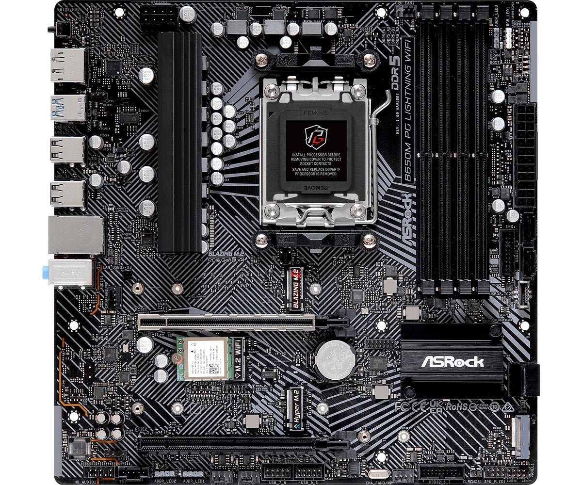 ASRock B650M PG Lightning WiFi AX AM5 mATX Motherboard - AMD Ryzen 7000 Ready, DDR5, PCIe 4.0, Dual M.2 - Perfect for Gaming PC Builds & Content Creation Workstations