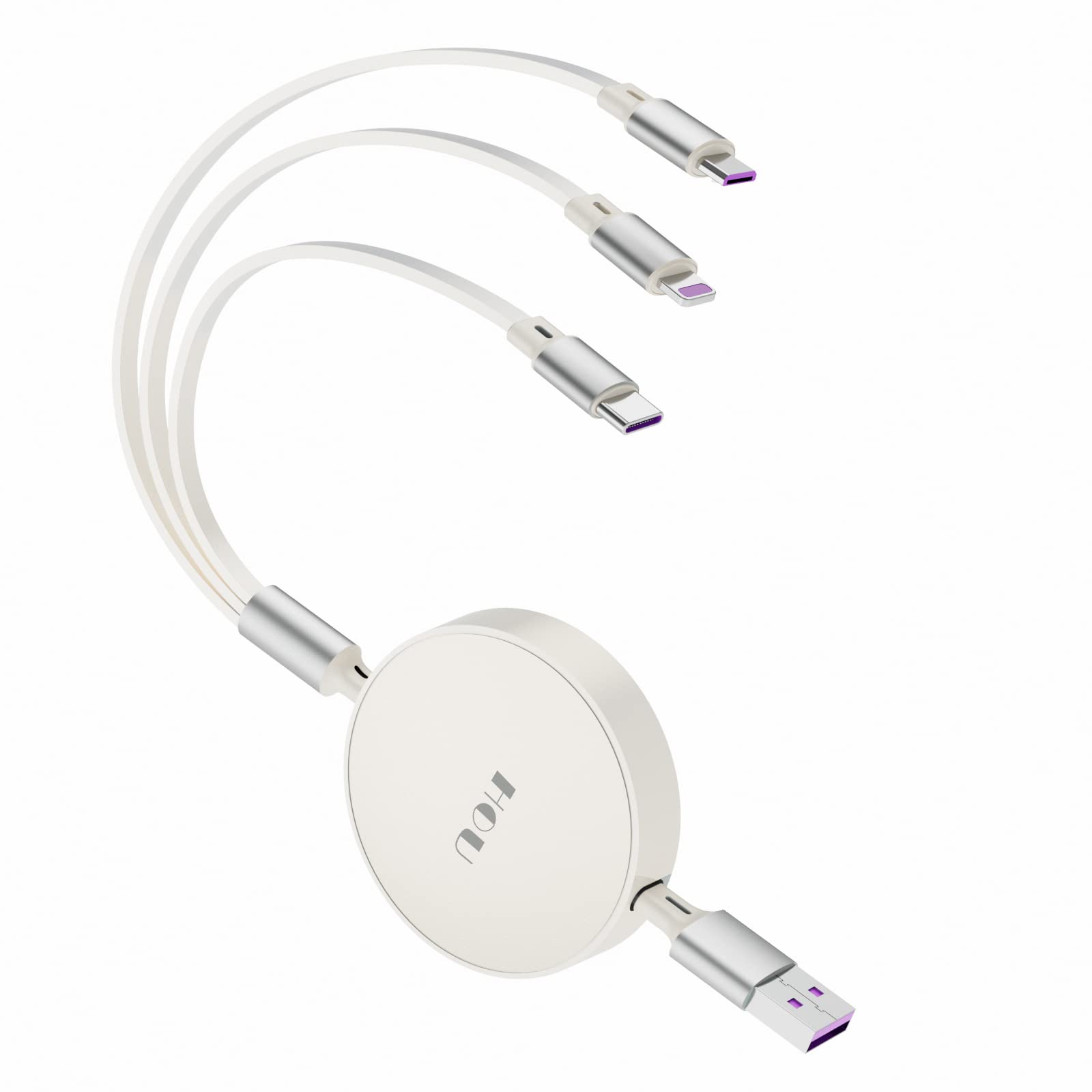HOU 3-in-1 Retractable USB Fast Charging Cable - 5 Adjustable Lengths with Lightning/Micro USB/Type-C Ports for iPhone, Samsung, Huawei, Android Phones & Tablets | Perfect for Travel, Office & Home Charging (Type-C Data Transfer Only)