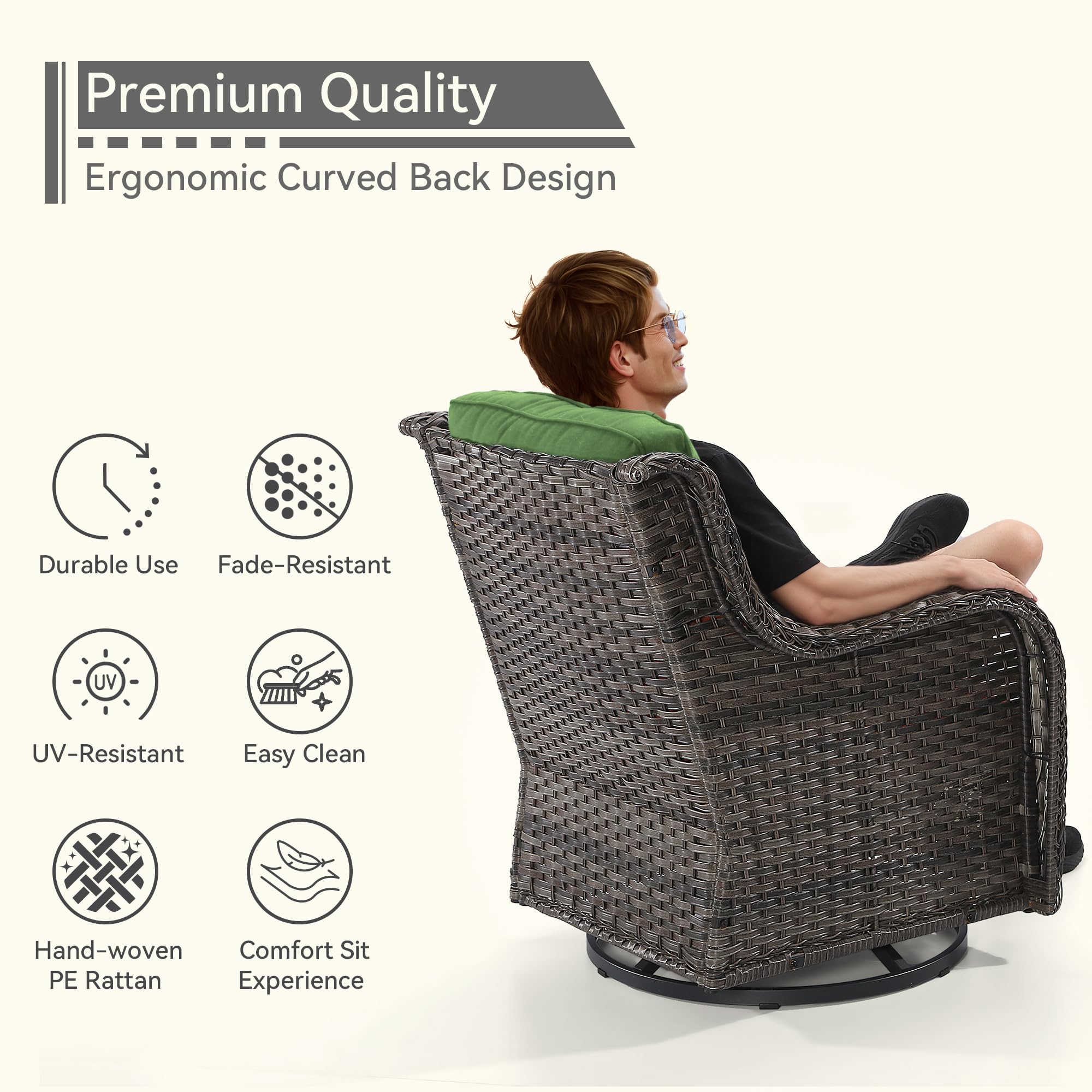 Outdoor Swivel Rocker Patio Chair - Weather-Resistant Wicker Patio Chair with Olefin Fabric Cushions, 360-Degree Rotation, Perfect for Backyard, Deck, Porch, Garden & Poolside Relaxation - Green