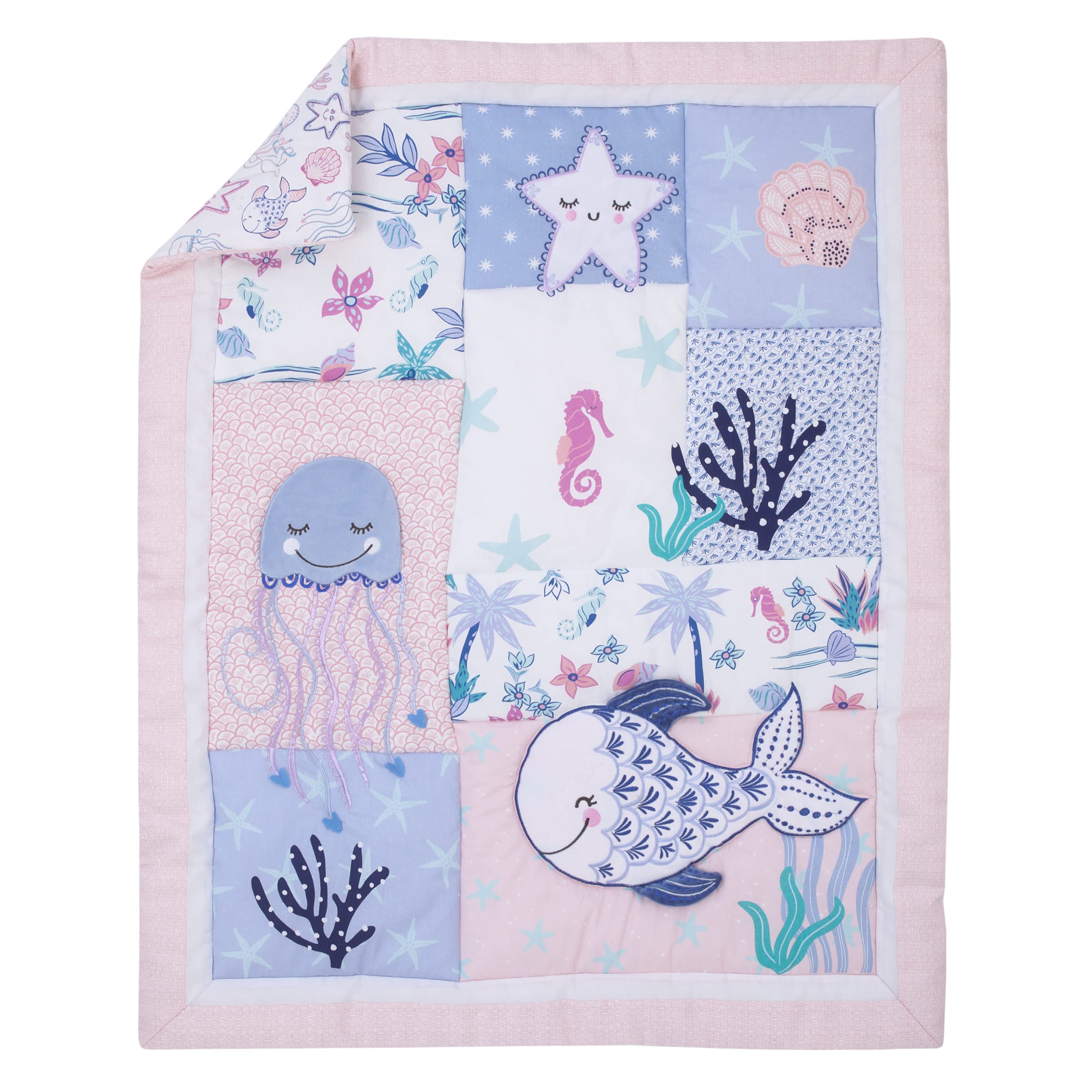 NoJo Mermaid Lagoon 4-Piece Nursery Crib Bedding Set - Pink Blue White Ocean Theme Baby Crib Set with Comforter, Fitted Sheet, Skirt & Storage Caddy | Perfect for Girls' Underwater Themed Nursery Decor & Baby Shower Gifts