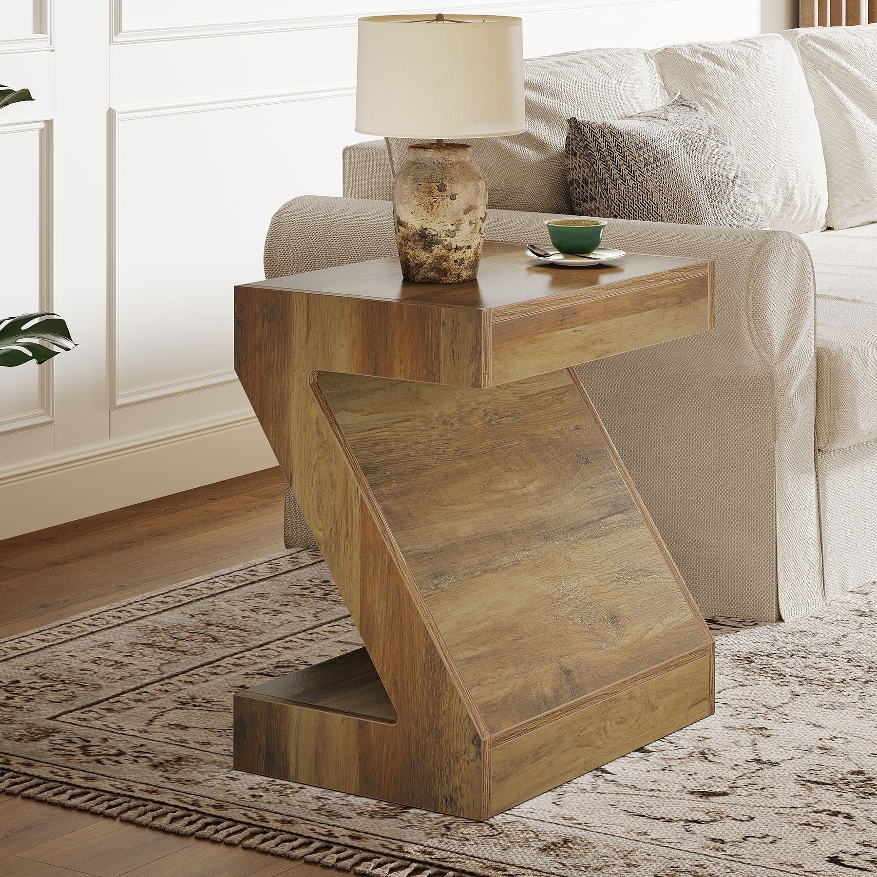 Modern Z-Shaped Wooden End Table - Stylish Nightstand for Bedroom, Living Room | Compact Side Table for Small Spaces, Home Decor & Storage Solution
