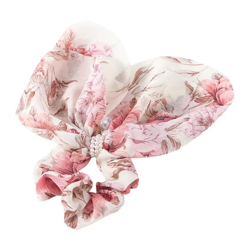 VSAKSH 2-Pack Printed Faux Pearl Bow Hair Scrunchies - Soft Fabric Elastic Hair Ties for Women & Girls - Perfect for School, Work, and Special Occasions