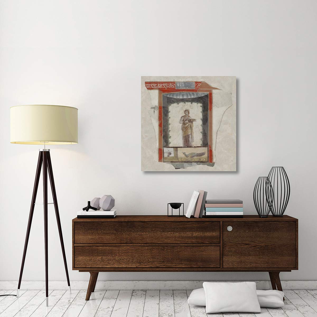 Maenad Fresco Canvas Art - 36x36 Inches Hand-Painted Greek Mythology Wall Decor with Peacock & Fruit - Perfect for Living Room, Bedroom, or Office