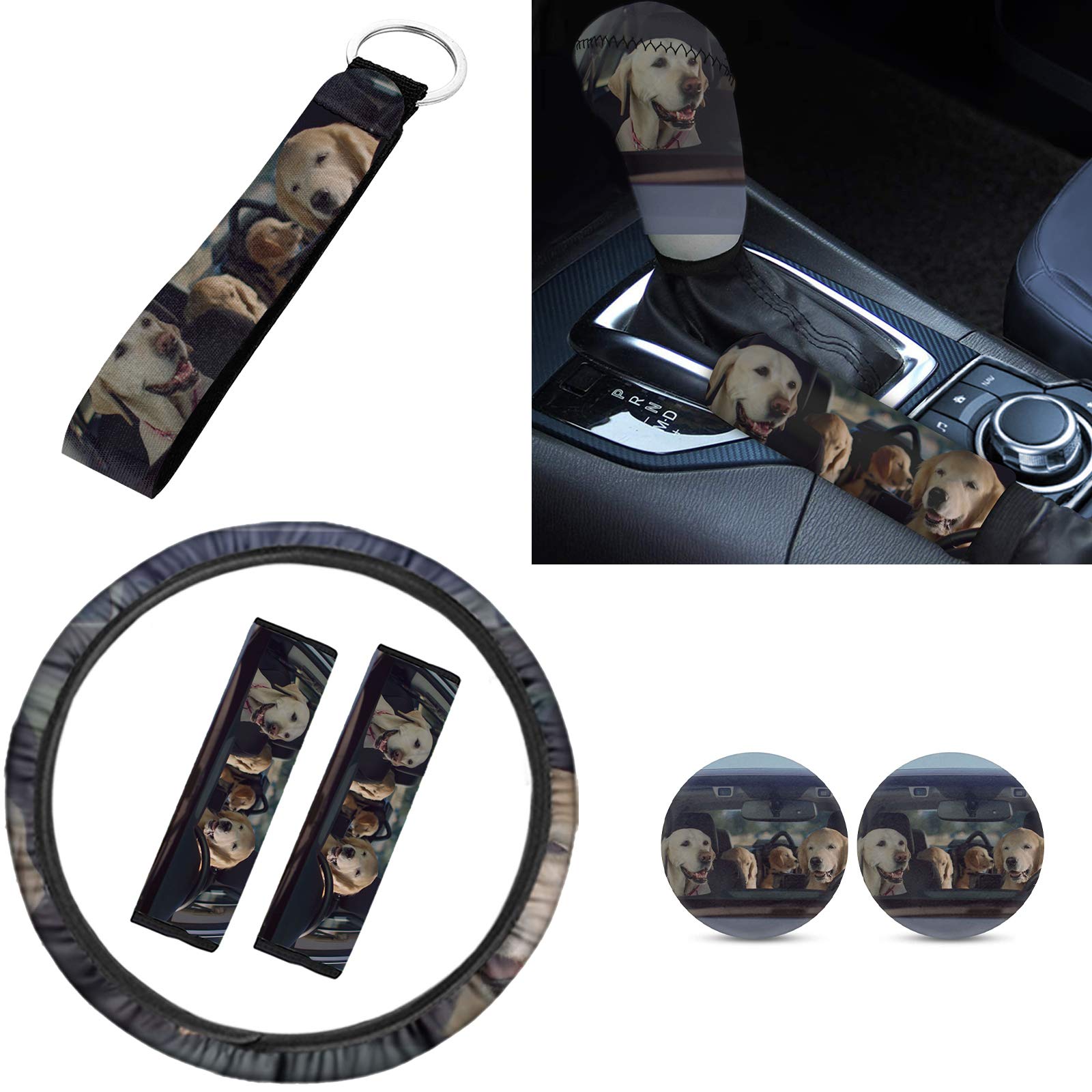 Cute Labrador Dog Car Steering Wheel Cover & Key Chain Set - Universal Fashion Car Interior Accessories for Pet Lovers - Perfect for Daily Commute & Road Trips (Yellow)