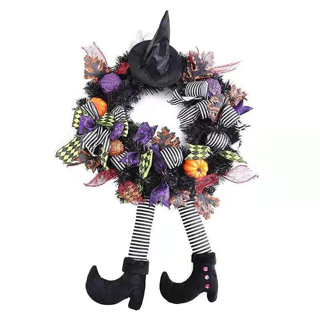 Spooky Halloween Wreath with Witch Hat & Pumpkin Legs - Gothic Front Door Hanging Decor for Halloween Party, Home Entryway & Outdoor Fall Decorations - Perfect for Haunted House Theme, Trick-or-Treat Greetings & Seasonal Front Porch Display