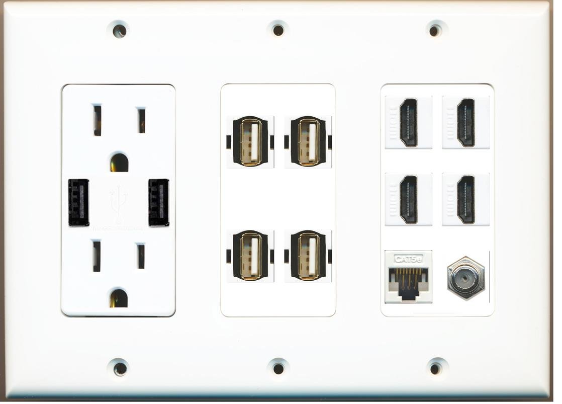 RiteAV 3 Gang Outlet Wall Plate with 2 USB Chargers, 4 HDMI Ports, Coax & Cat5e - White | Ideal for Home Theater, Office & Smart Home Setup