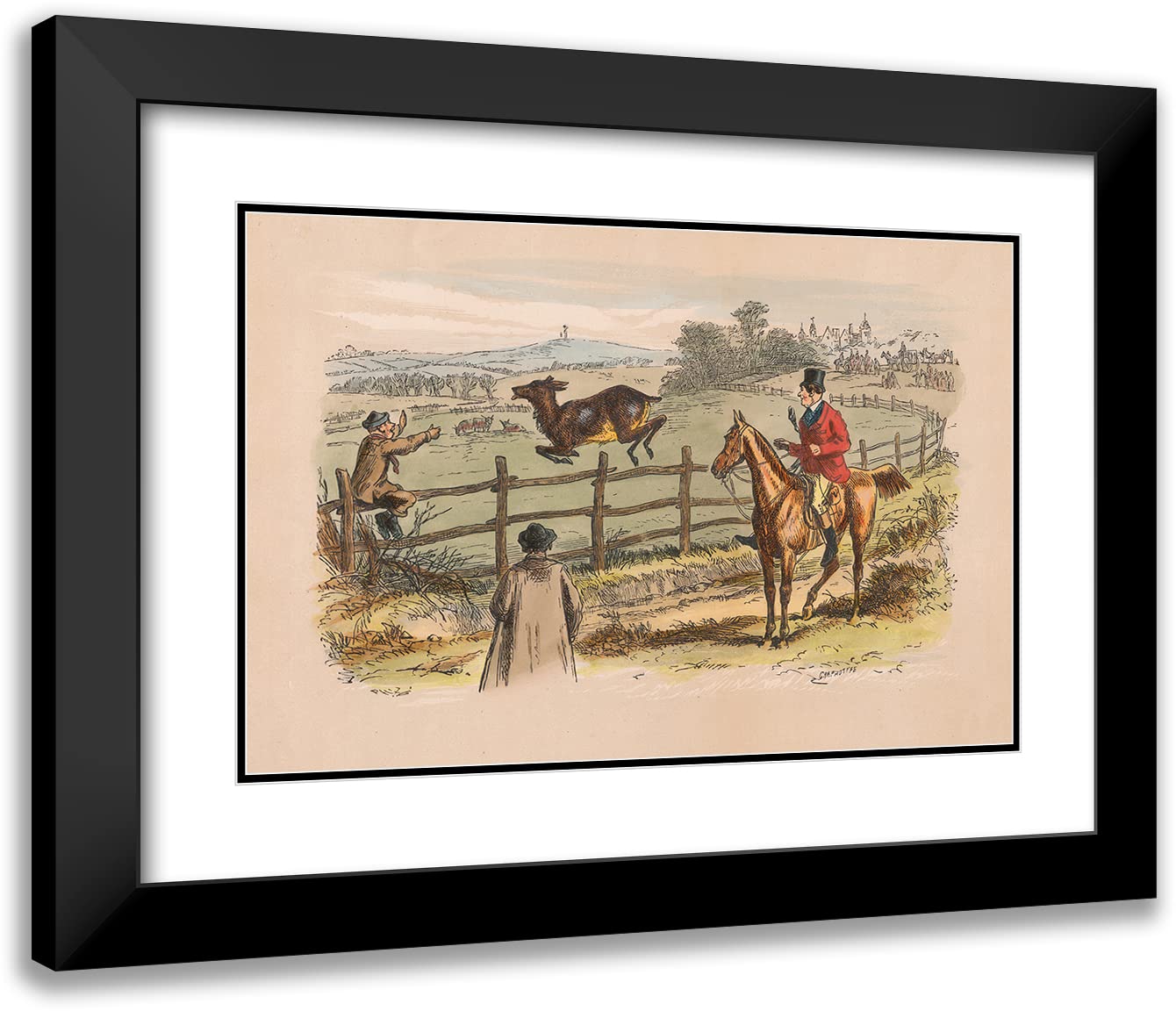 Hablot Knight Browne 24x17 Inch Black Modern Frame with Double Matted Museum Art Print - Fox-Hunting Sketches No.10, Victorian Era Hunting Scene Wall Decor for Living Room, Study or Office