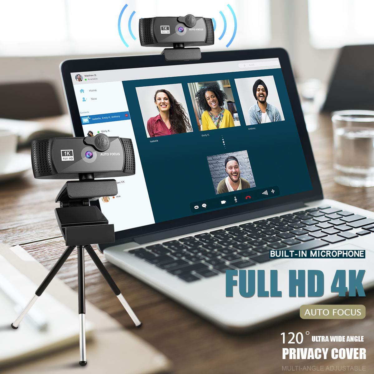 1080p Full HD Webcam with Built-in Microphone, Auto Focus & 120° Wide Angle - Tripod Stand & Privacy Cover Included for Zoom, Skype, FaceTime - Perfect for Video Conferencing, Online Classes & Remote Work