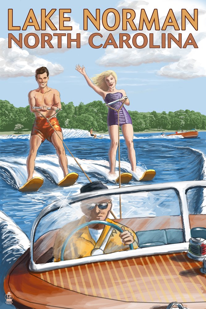 Lake Norman North Carolina Water Skiing 24x36 Signed Art Print - Wall Decor Poster for Living Room, Office & Home Decor