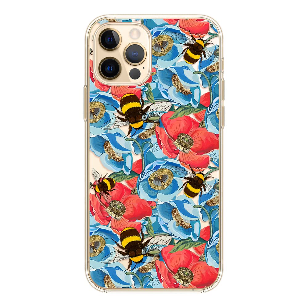 Cute Floral Bee Pattern iPhone 12 Pro Case (6.1 inch) - Transparent Soft TPU Protective Cover for Women & Girls | Bumblebee Flower Design | Perfect for Daily Use, School & Office