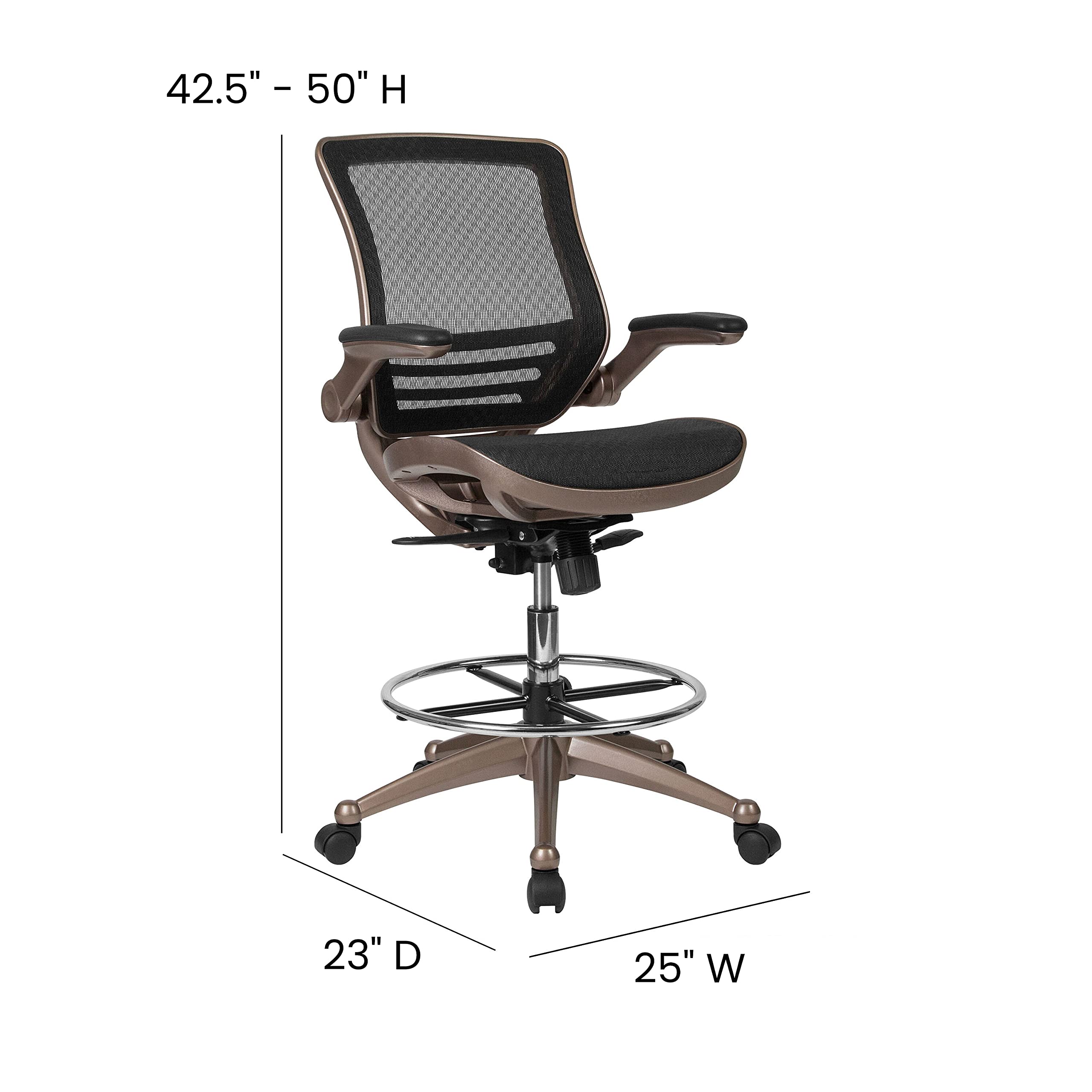 Ergonomic Mid-Back Transparent Black Mesh Office Chair with Gold Metal Frame & Flip-Up Arms - Perfect for Architects, Drafting Tables, Home Office & Gaming Setup