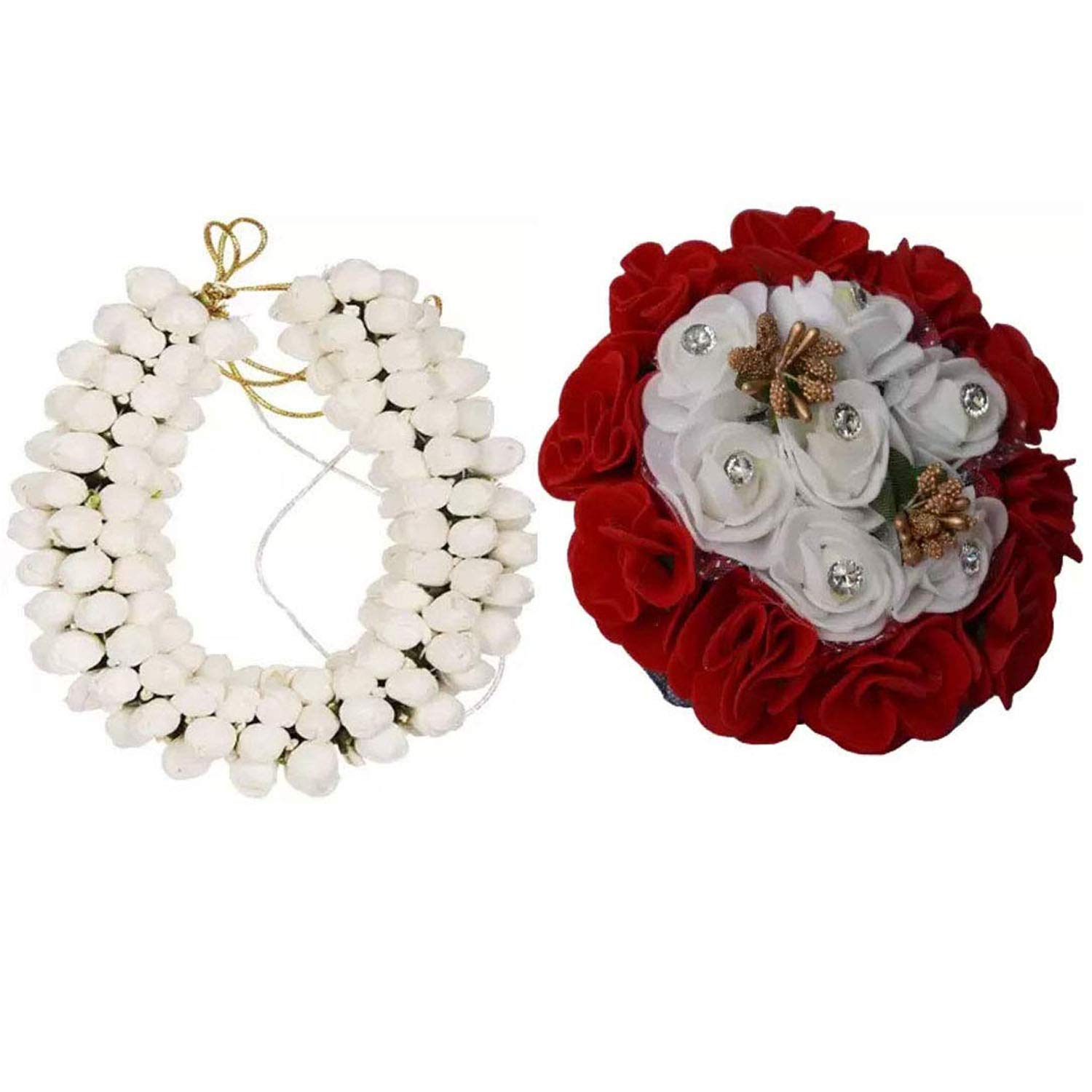 Maahal™ Women's Hair Bun Gajra & Full Juda Bun Hair Accessories Set - White & Red (Pack of 2) | Perfect for Weddings, Parties & Traditional Outfits