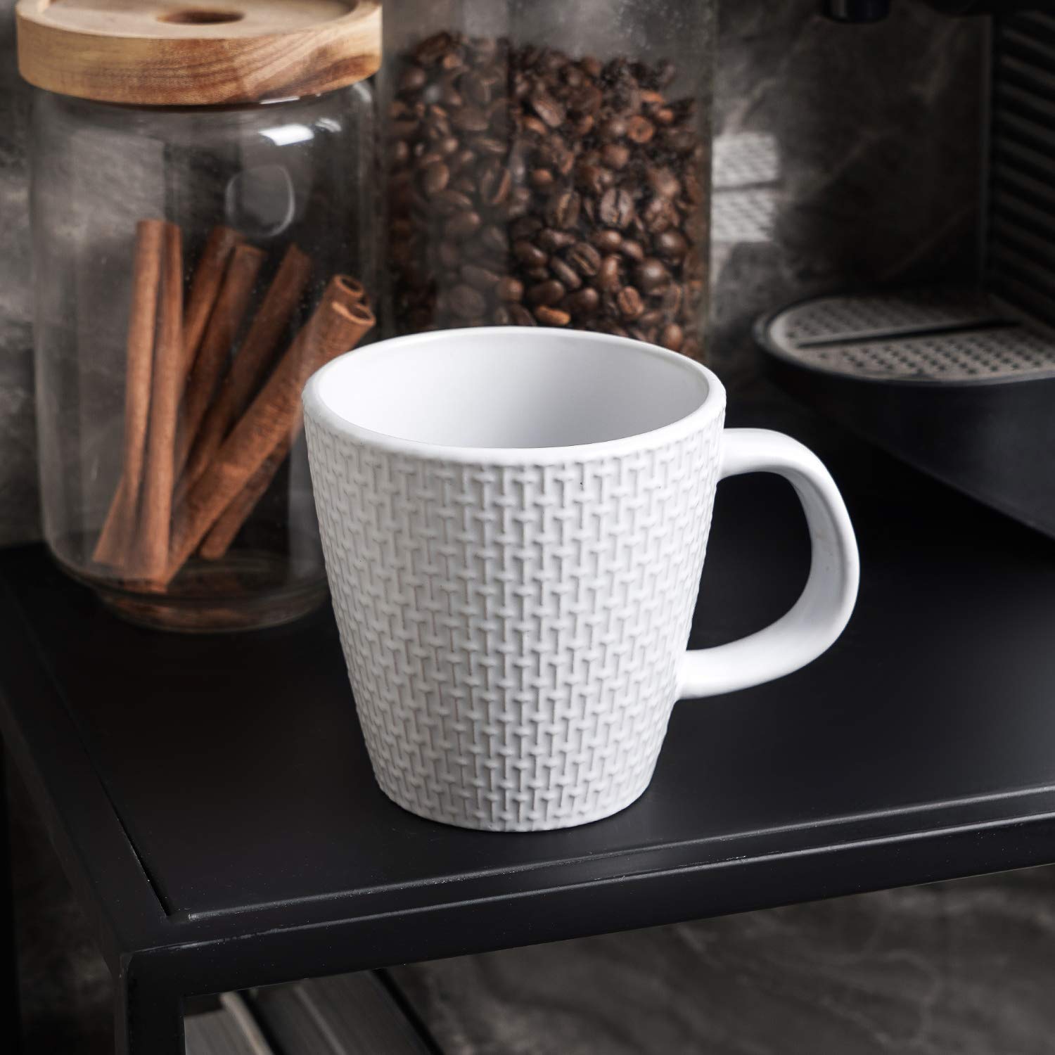 Olivia White Stoneware Dish Set - 4 Weave Stoneware Mugs for Coffee, Tea & Hot Beverages - Perfect for Breakfast, Kitchen & Dining Room Decor