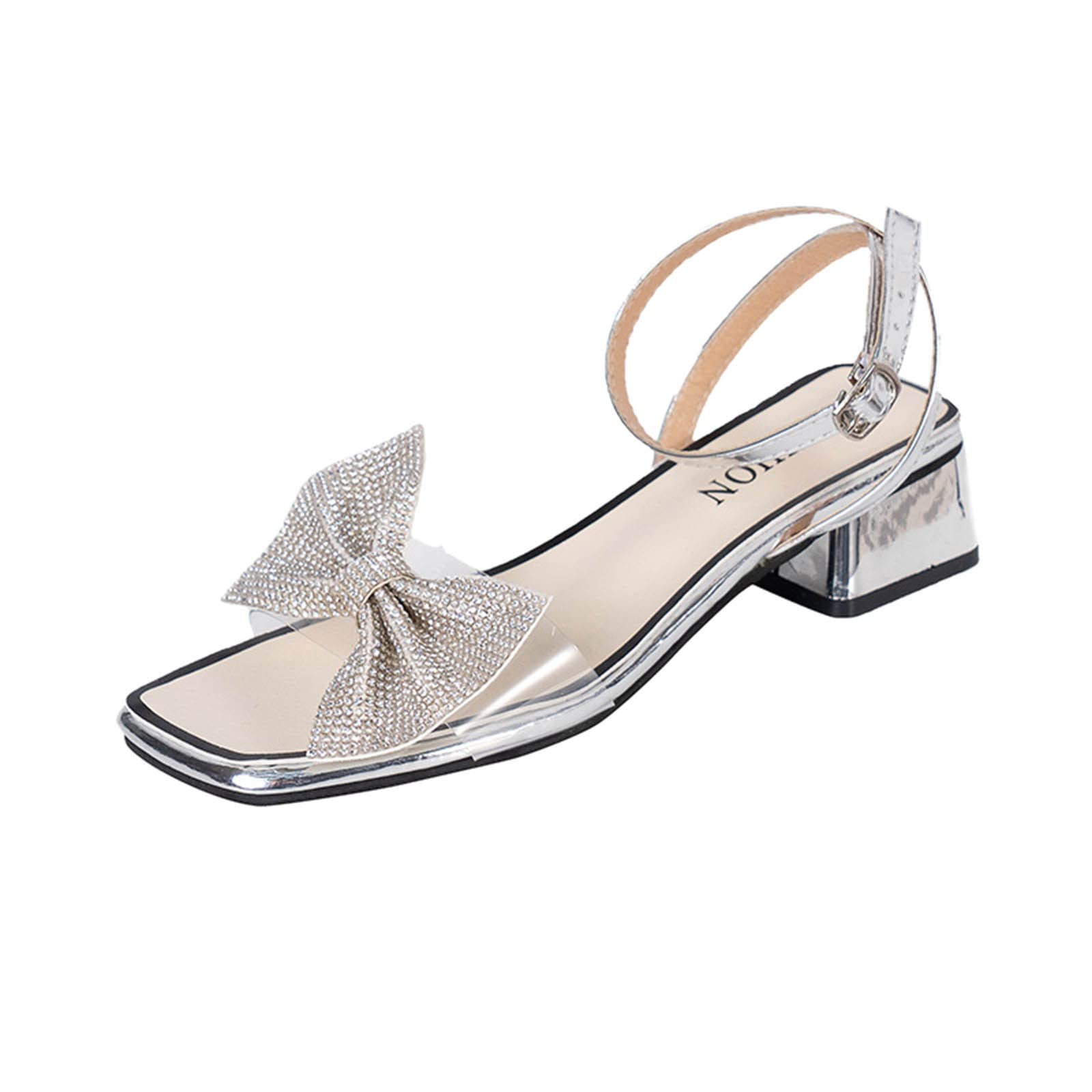 Women's Rhinestone Bow High Heel Sandals - Open Toe Thick Heel Summer & Spring Dressy Shoes for Weddings, Parties & Date Night