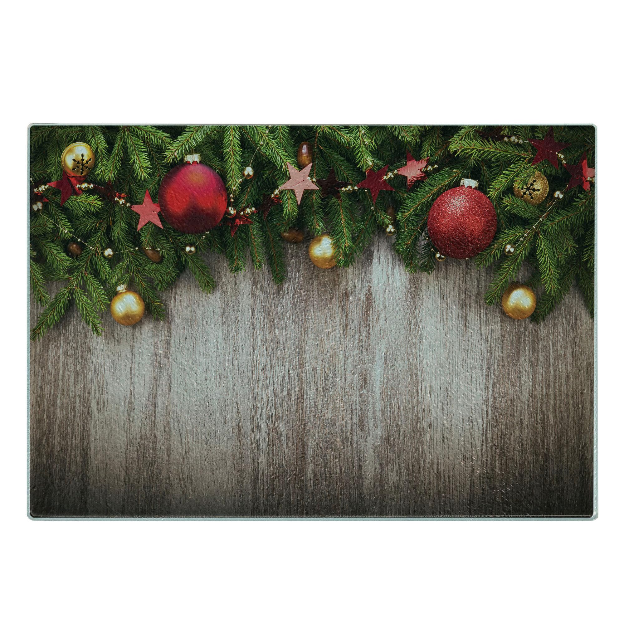 Ambesonne Christmas Themed Tempered Glass Cutting Board - Rustic Wooden Backdrop with Xmas Ornaments & Stars Print - Decorative Serving Board for Holiday Parties, Small Size (Brown/Green/Red) - Perfect for Christmas Dinner Prep, Cookie Display & Festive Kitchen Decor