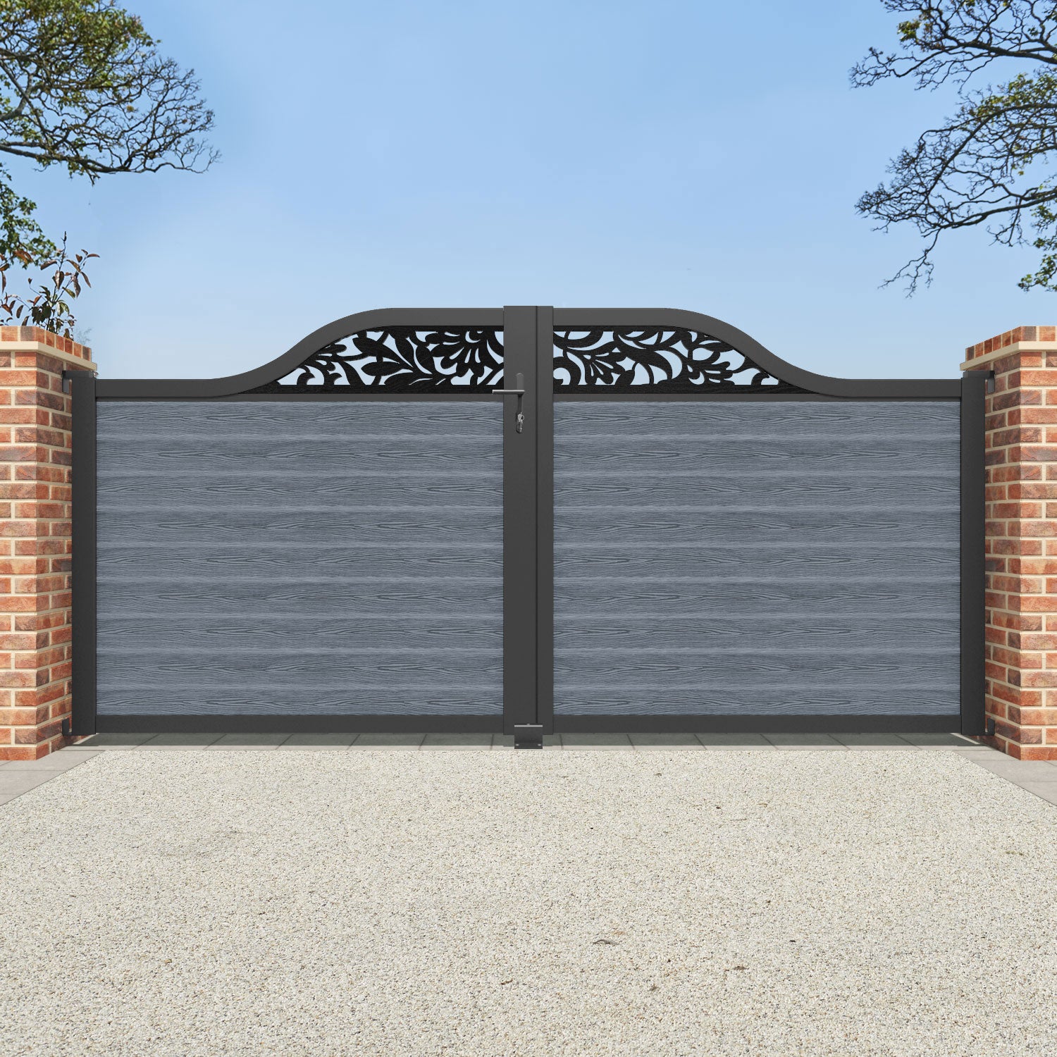 Classic Heritage Curved Top Driveway Gate in Anthracite with Top Screen - Durable Wrought Iron Entry Gate for Home Security & Curb Appeal