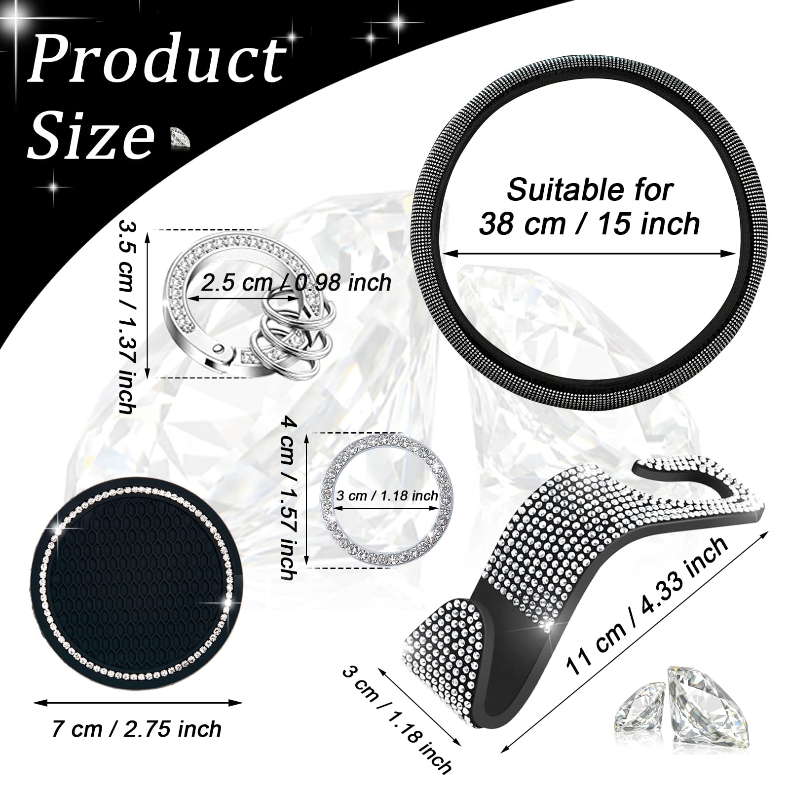 8 Pack Bling Steering Wheel Cover for Women - Universal Diamond Car Accessories Set with Keyring, Coaster, Crystal Emblem Stickers & Seat Hook | Sparkling Car Decor for Girls | Perfect for Daily Commute & Road Trips (White)