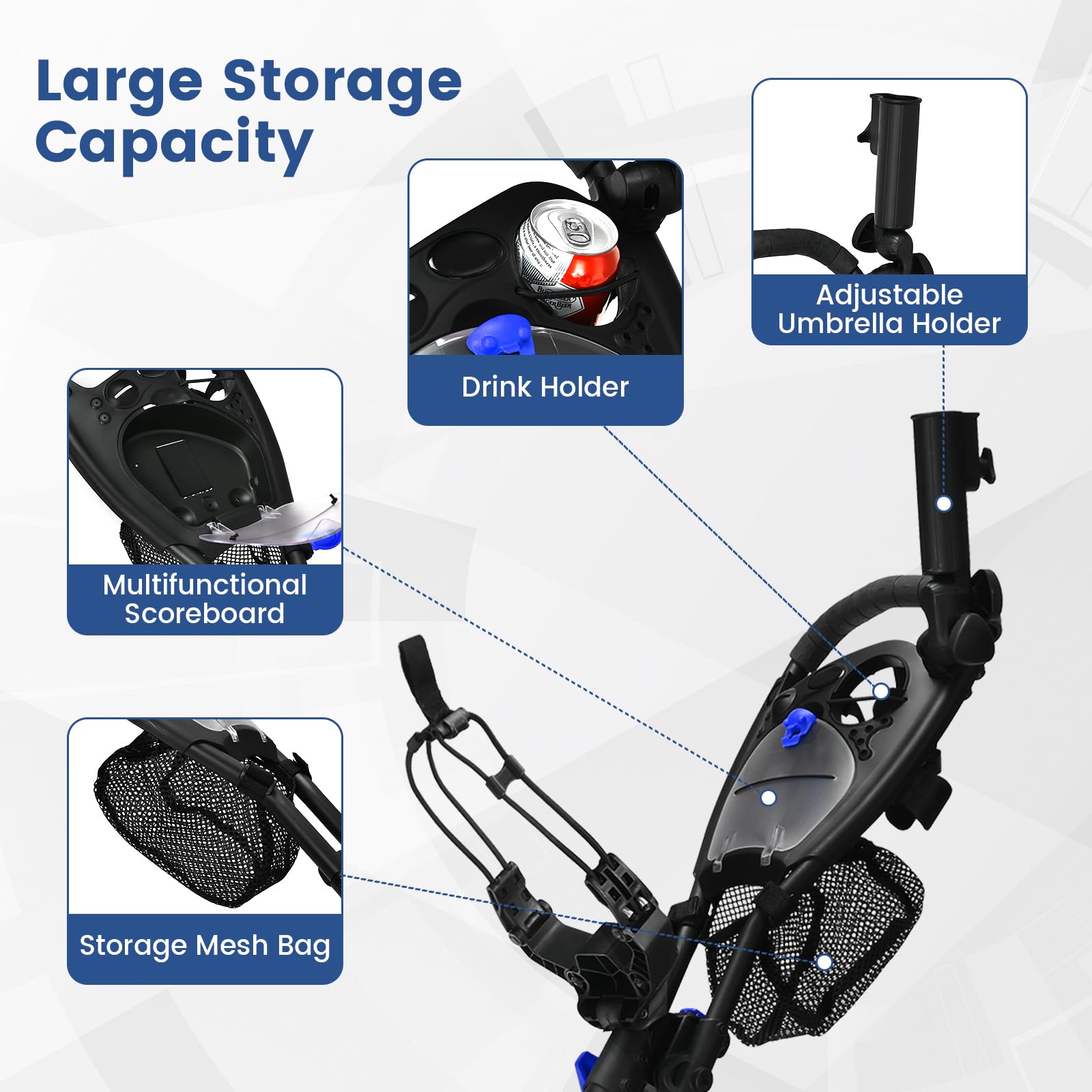 ULTIMATE 3 Wheel Golf Push Cart - Lightweight Folding Golf Trolley with Scorecard Holder, Cup Holder, Umbrella Holder & Golf Bag Holder | Includes Mesh Storage Bag, Upper/Lower Brackets with Elastic Straps, Foot Brake & Adjustable Handle | Perfect for Golf Courses, Driving Ranges & Outdoor Practice