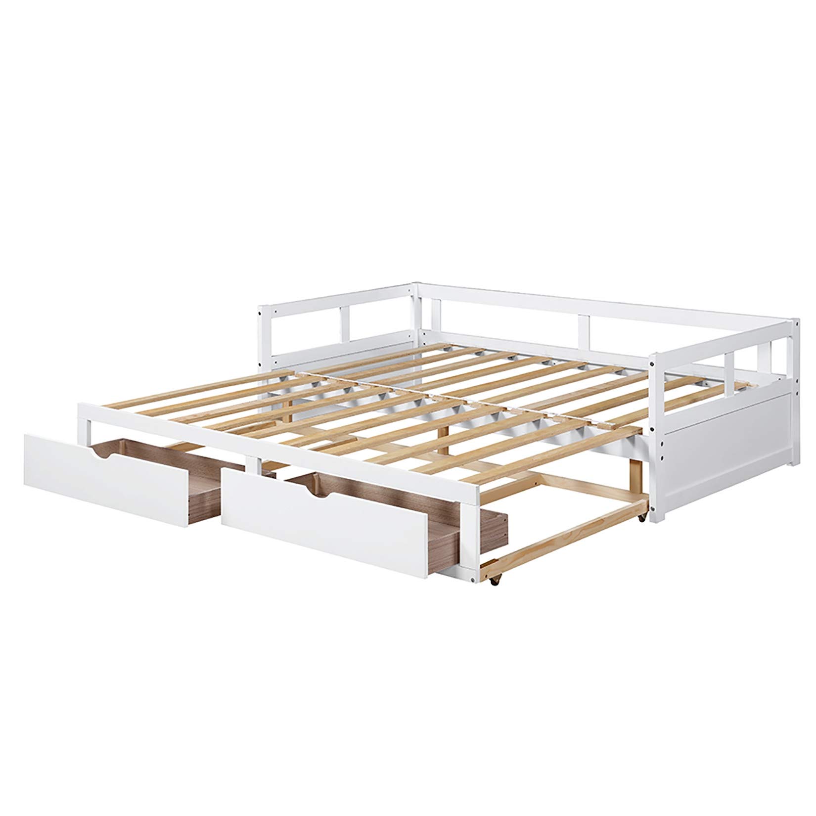 Convertible Daybed with Trundle and Storage Drawers - Twin to King Size Wooden Sofa Bed for Living Room & Guest Room - White Finish | Perfect for Small Spaces, Sleepovers, and Multi-Functional Furniture Needs