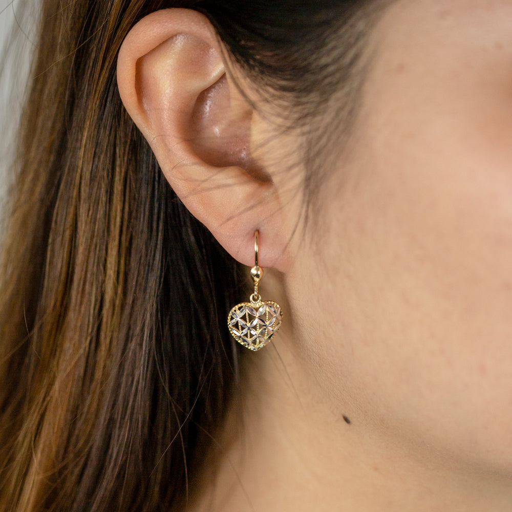 9ct Yellow Gold & White Gold Two Tone Heart Shaped Filigree Drop Earrings for Women - Elegant Dangle Jewelry for Valentine's Day, Anniversary & Special Occasions