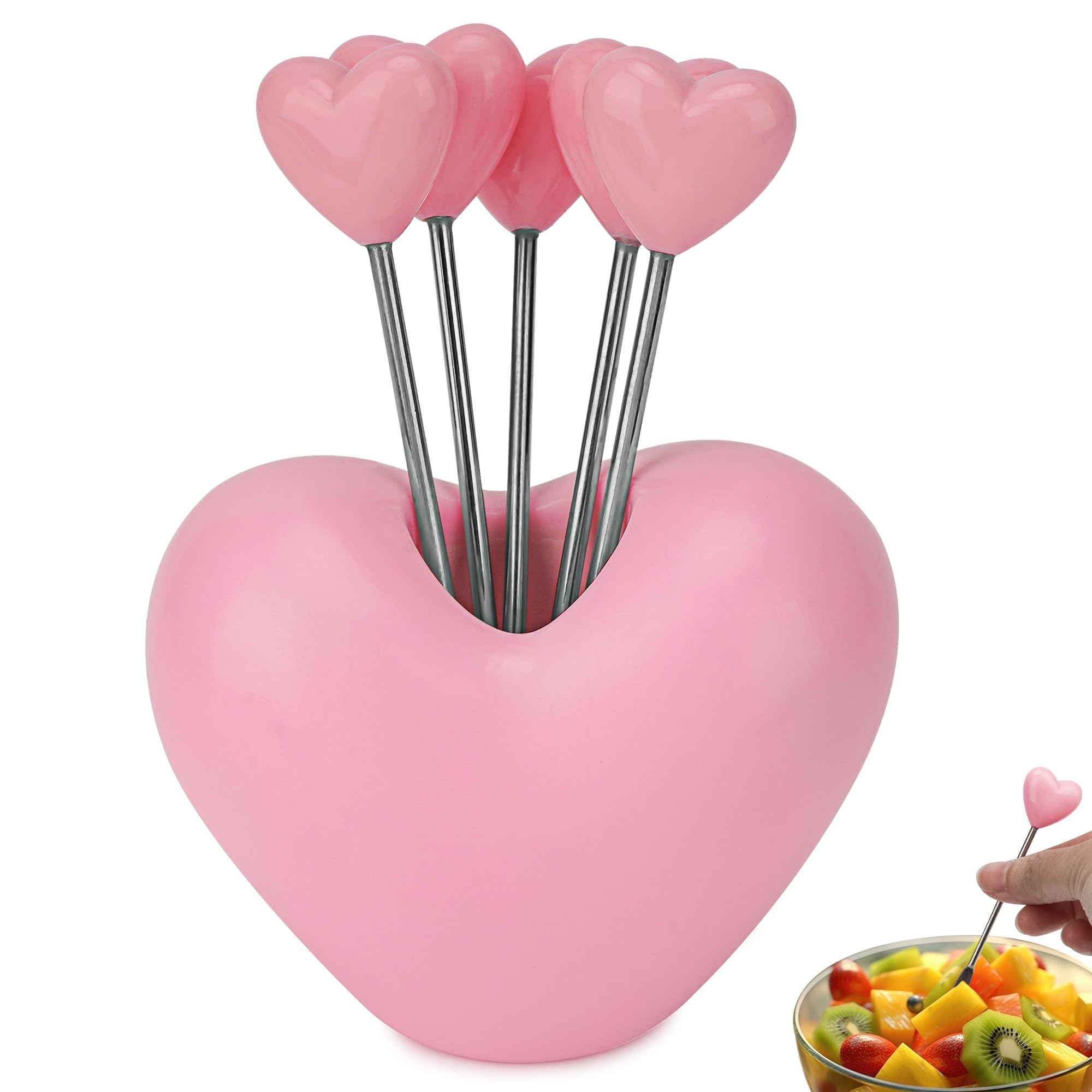 5-Piece Stainless Steel Heart-Shaped Fruit Forks Set with Holder - Perfect for Cake, Dessert, Fruit Platter, Sweet Food Picks - Ideal for Weddings, Parties, and Home Entertaining (Pink)
