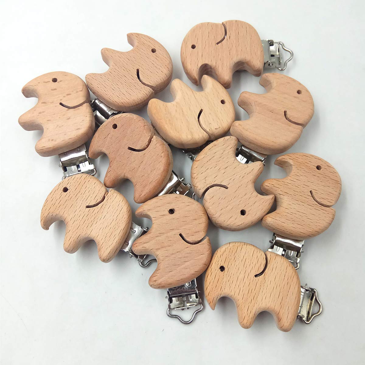 5pcs Natural Wooden Pacifier Clips - Cute Elephant Shaped Beech Wood Teether Holder for Babies, Safe & Non-Toxic Pacifier Accessory - Perfect for Nursery, Baby Shower Gifts & Daily Use
