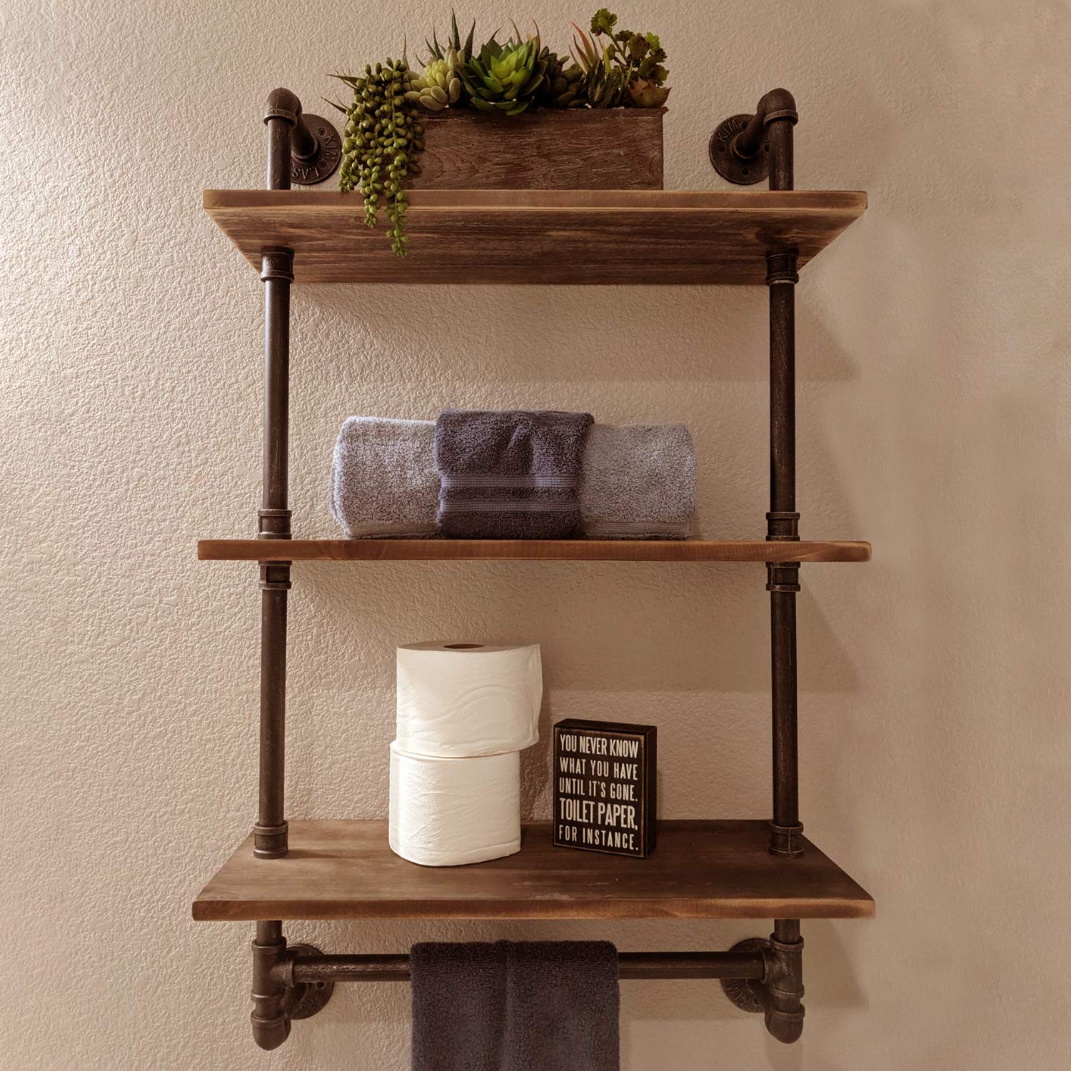 Industrial Pipe Shelf - Rustic Wall Shelf with Towel Bar, 24 Inch Bathroom Towel Rack, 3 Tier Wood Shelving Unit for Bathroom Storage & Farmhouse Decor | Perfect for Small Spaces, Apartment Living & Rustic Home Organization