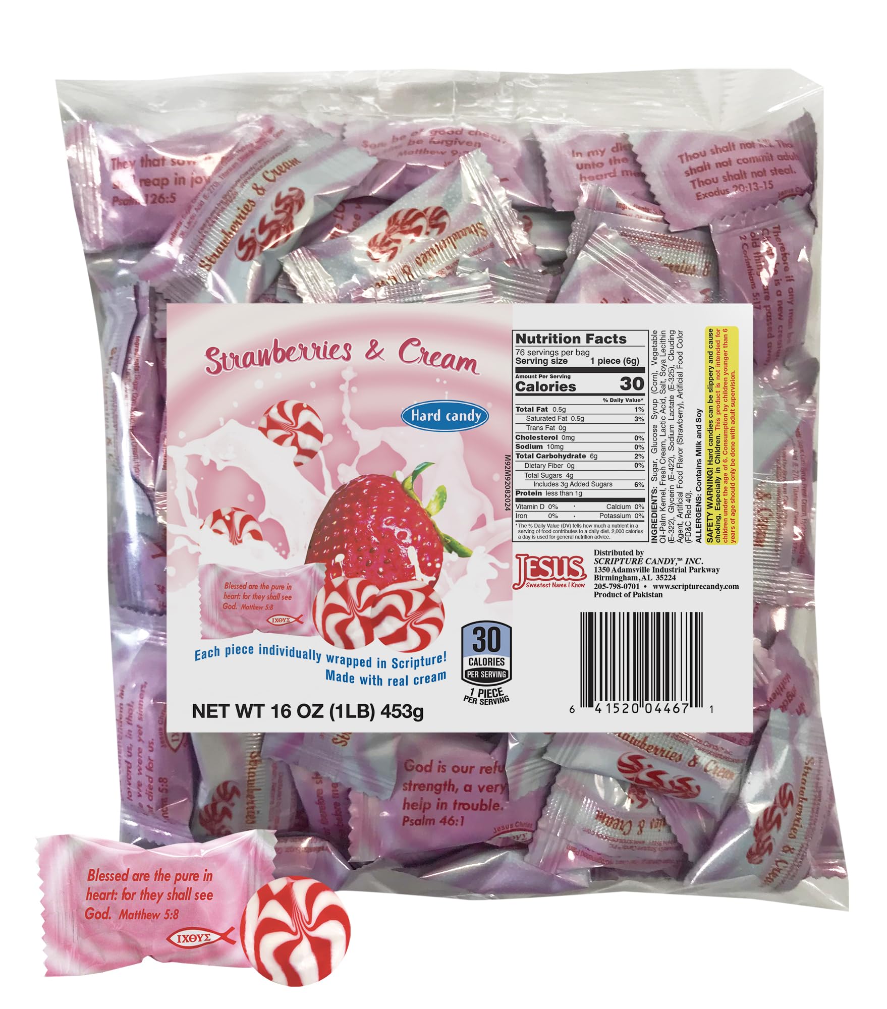 Scripture Candy - Strawberries & Cream Hard Candy 1 Pound Bag (75 Pieces) - Perfect for Church Events, Bible Study Snacks & Christian Gift Giving