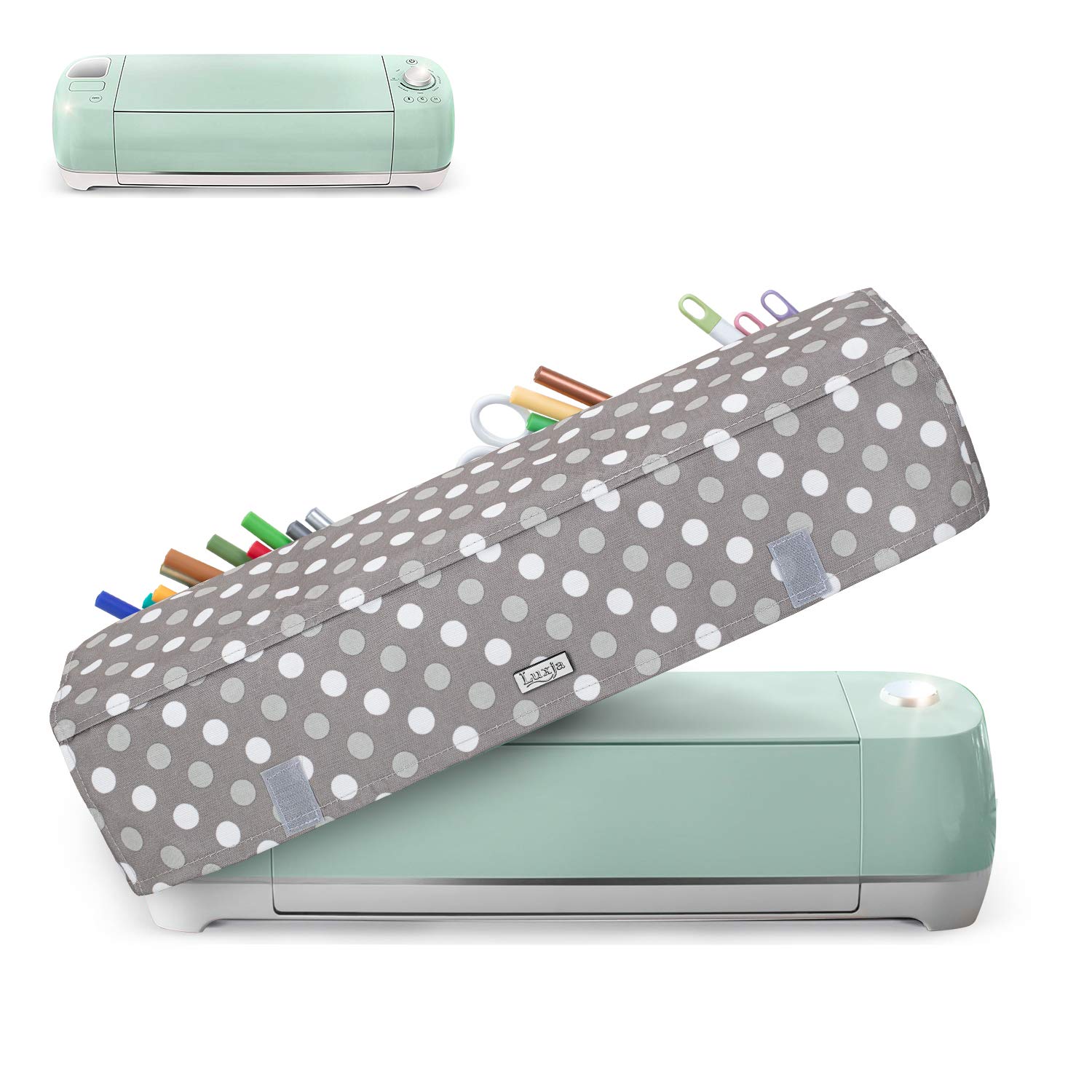 Luxja Dust Cover for Cricut Explore Air & Air 2 - Machine Protector with Back Pockets, Gray Polka Dot Design | Perfect for Craft Room Organization & Vinyl Cutting Projects