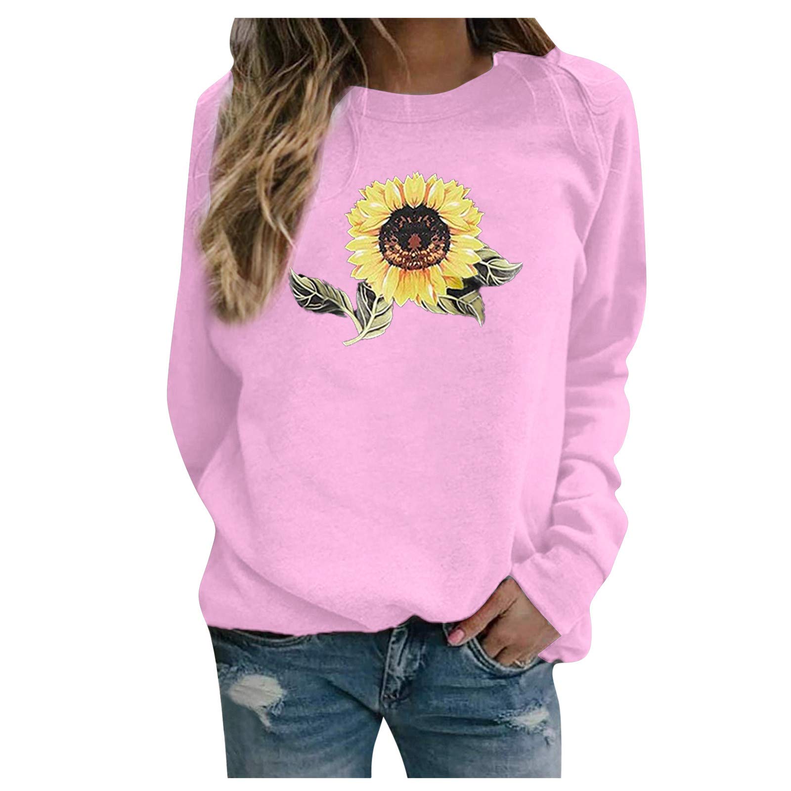 Sunflower Print Women's O-Neck Pullover Sweatshirt - Long Sleeve Casual Cardigan in Brown | Perfect for Fall Layering, Coffee Dates & Cozy Weekends