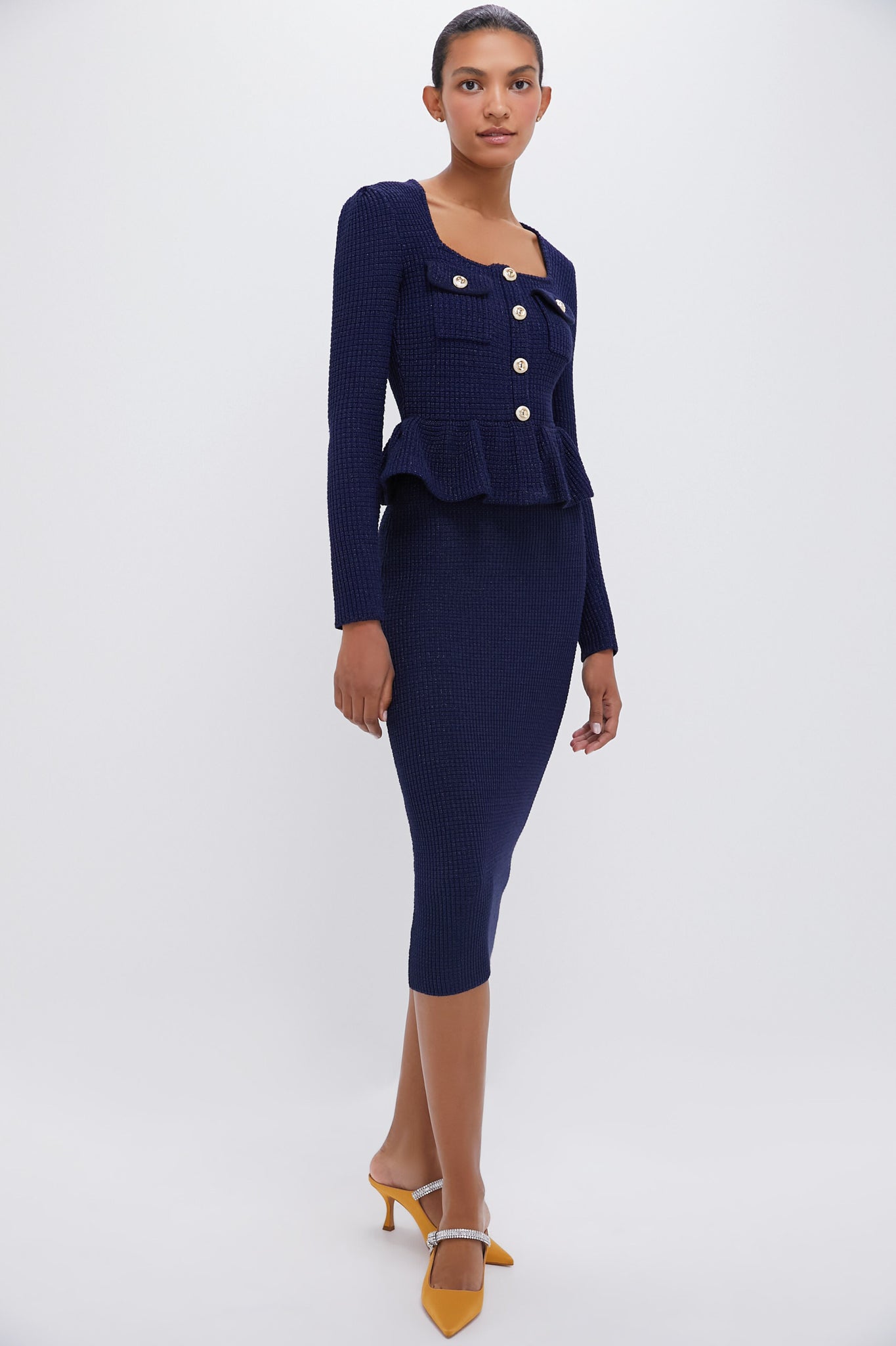 Navy Blue Knit Peplum Midi Dress for Women - Elegant Flared Waist Summer Dress for Casual Outings, Date Nights & Office Wear
