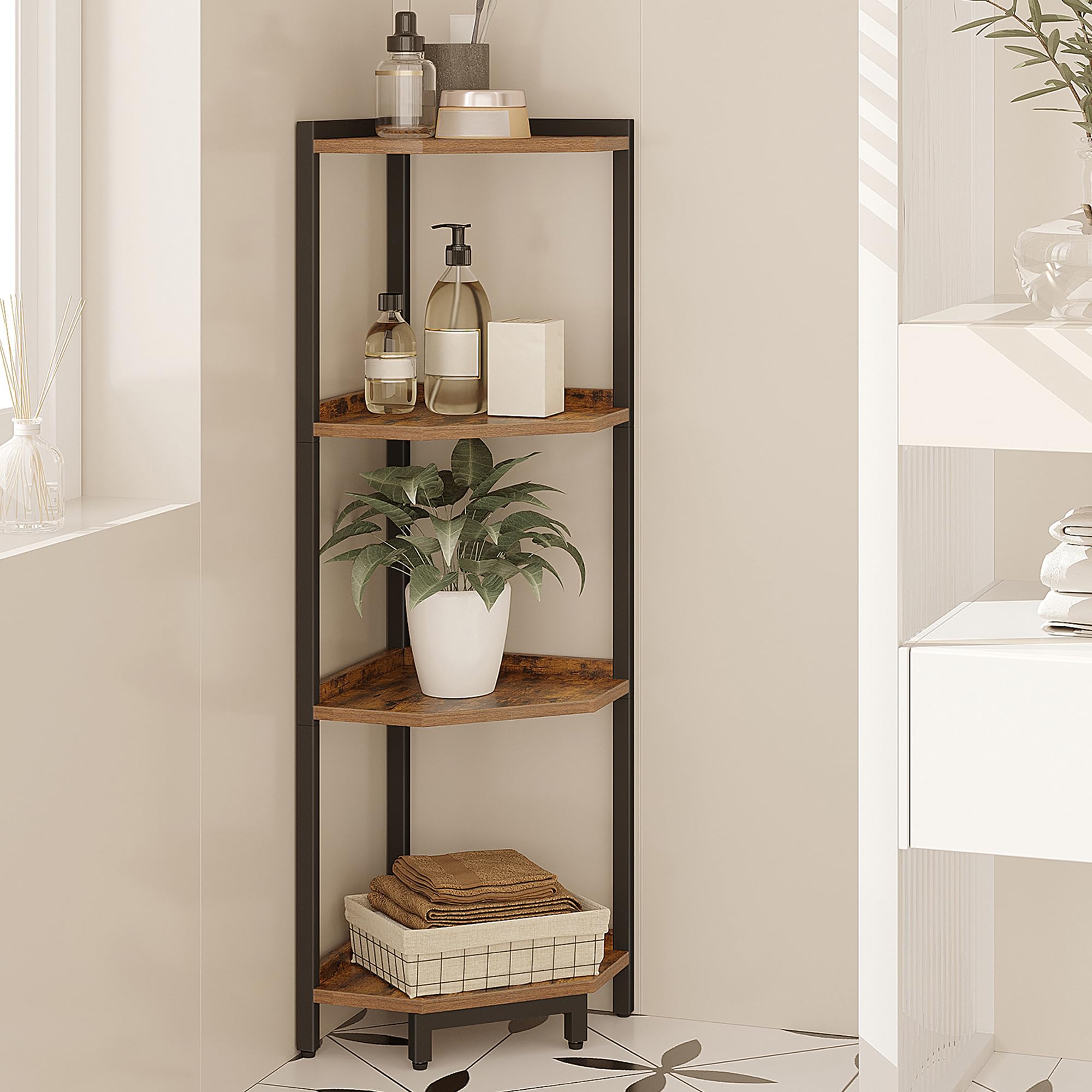 Rustic Brown 4-Tier Corner Shelf Stand - Metal Frame Storage Bookcase for Living Room, Home Office & Bedroom | Space-Saving Plant Stand & Bookshelf Organizer for Small Spaces & Home Decor