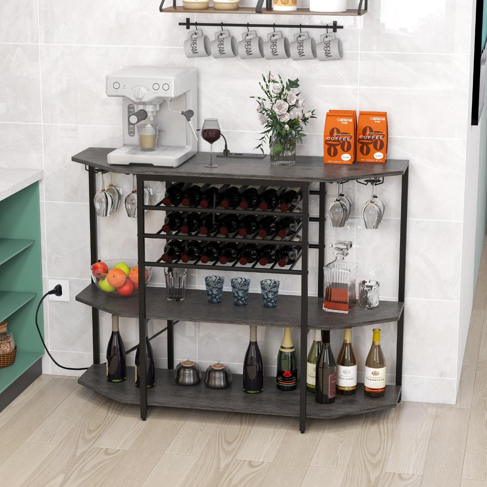 Giantex Industrial Bar Table Cabinet with Power Outlet & USB Port - 21 Bottle Wine Rack & Glass Holder - 3-Tier Mini Coffee Bar Stand for Liquor Storage - Perfect for Kitchen, Dining Room & Home Bar Organization