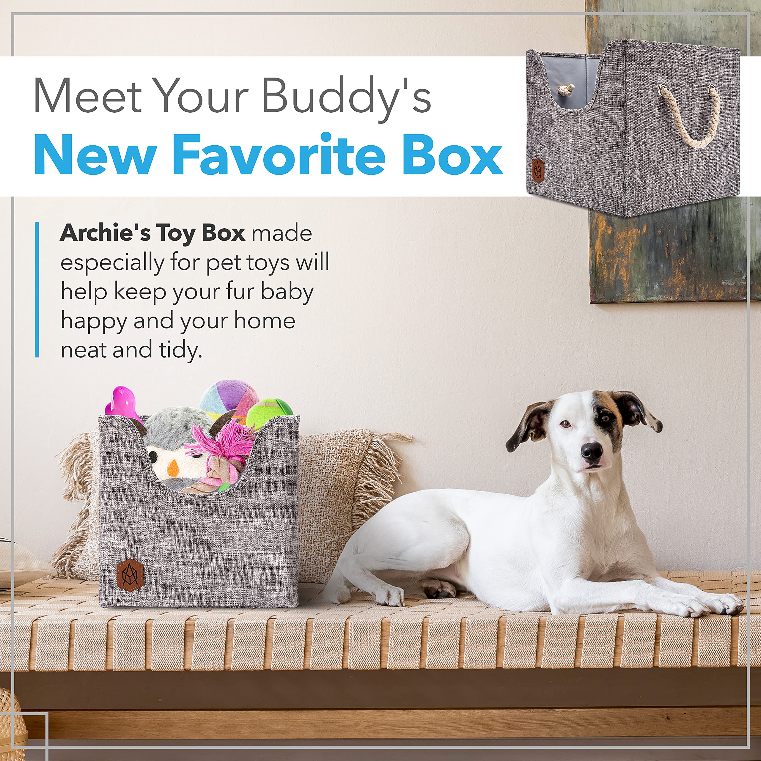 Durable Foldable Dog Toy Storage Box with Cutout Window & Cardboard Base - Puppy Toy Organizer Basket in Stylish Earth Tone (12x12x11.25 Inch) | Perfect for Living Room, Bedroom or Pet Play Area Organization