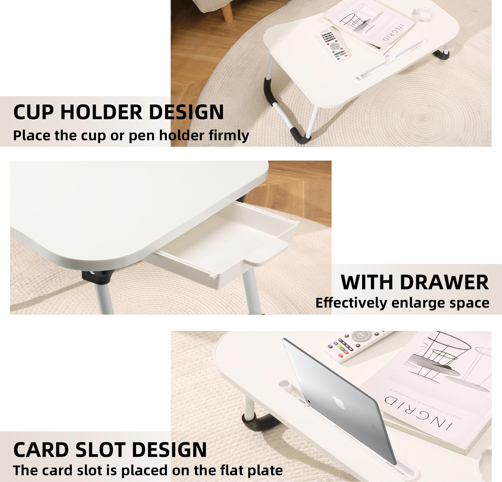 EAQ Foldable Laptop Bed Tray Table with Cup Holder, Storage Drawer & Bookshelf - Portable Work Desk for Laptop, Reading & Writing on Bed, Couch or Sofa - Perfect for Home Office, Study & Relaxation (White)