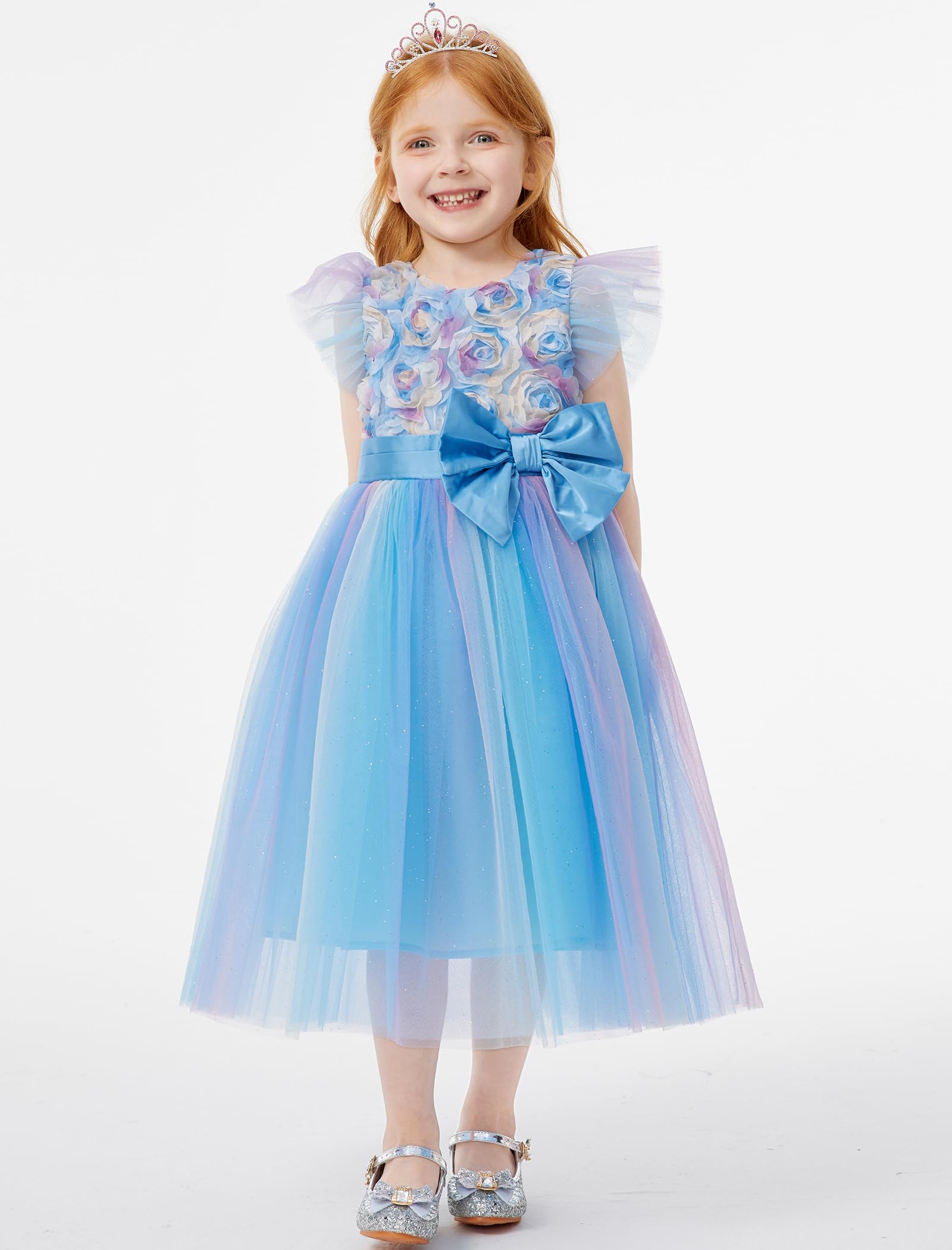 Girls Floral Dress with Flutter Sleeves - Rainbow Mesh Tulle Princess Party Dress with Bowknot | Perfect for Weddings, Birthday Parties & Special Occasions