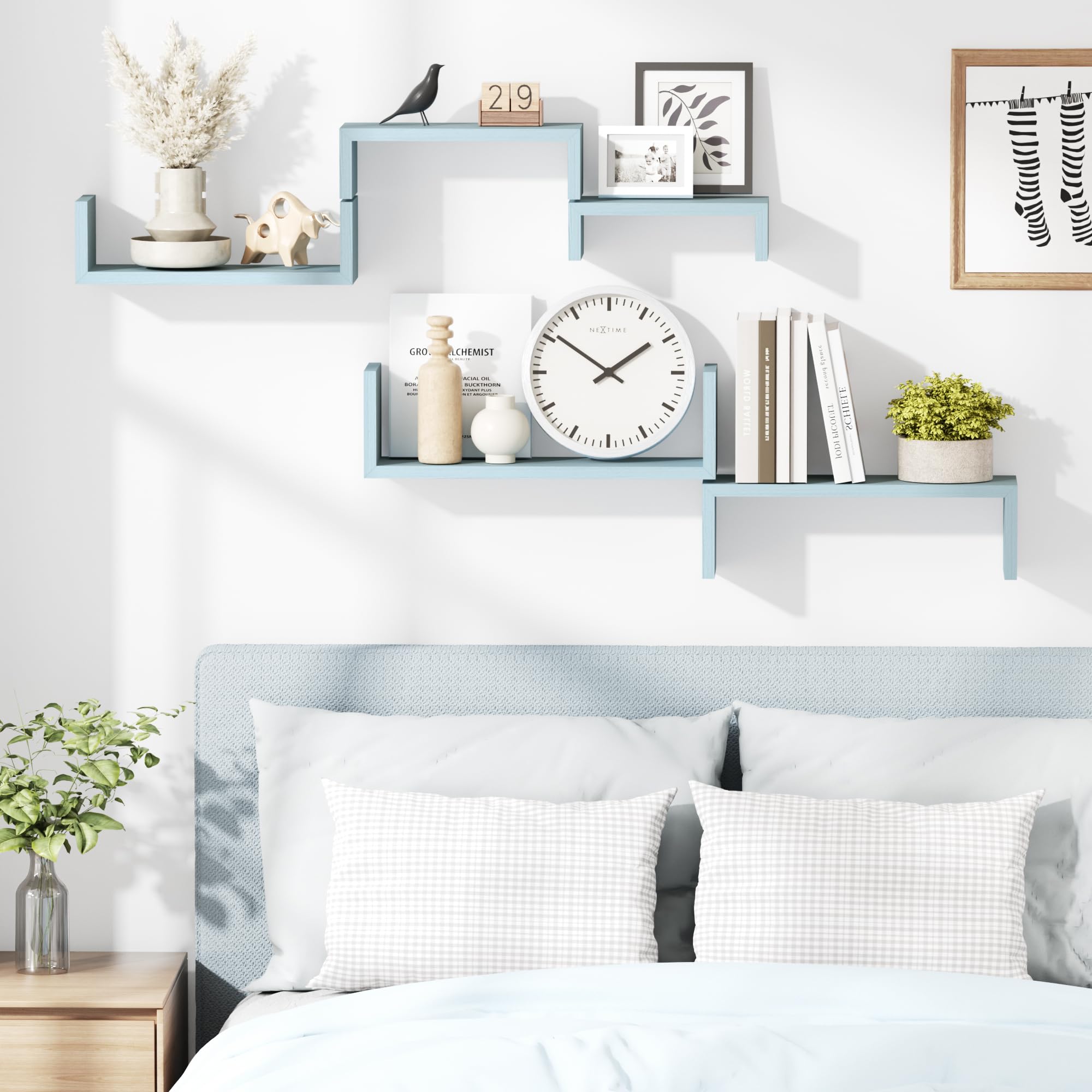SRIWATANA Floating Wall Shelves Set of 5 - Rustic Wooden Shelves for Bathroom, Bedroom, Living Room, Kitchen & Office Decor (Blue) - Perfect for Organizing Books, Plants & Decorative Items
