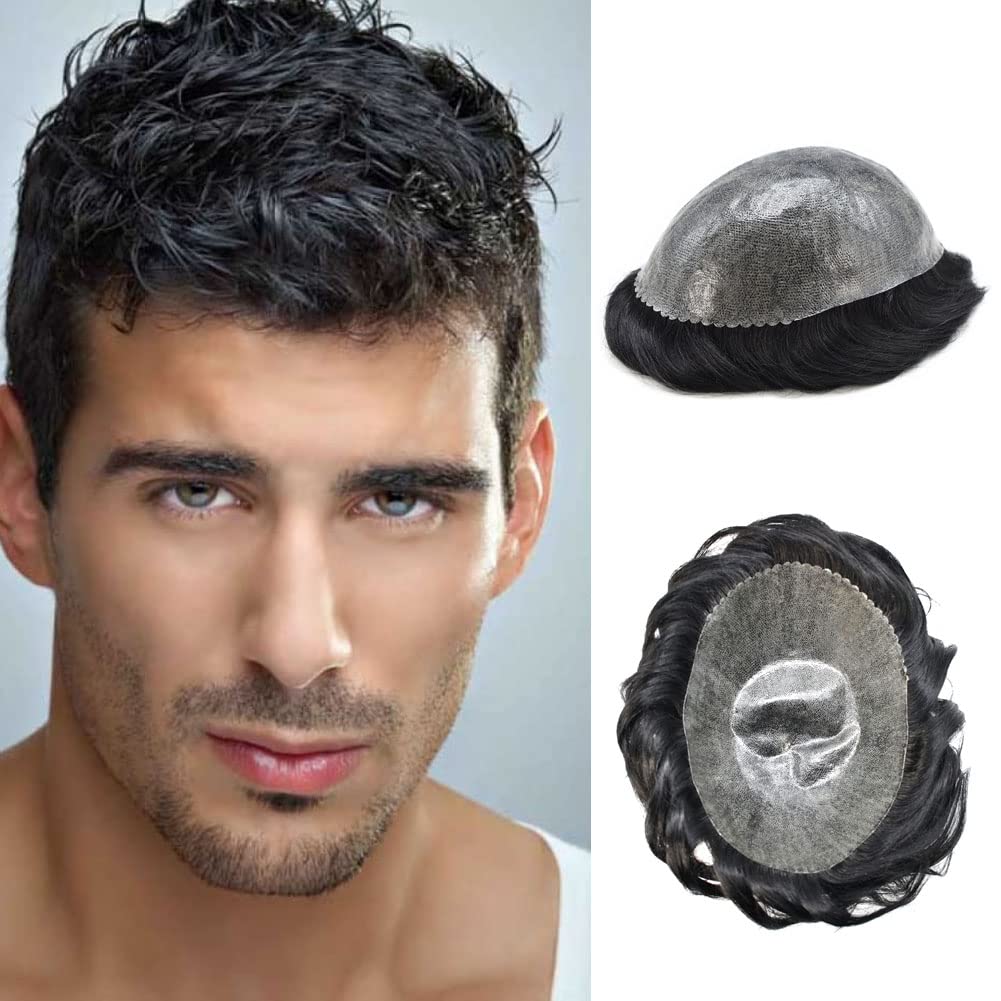 Men's Hair Replacement System - Durable Invisible Poly Coating Hairpiece with Thin Skin Human Hair | Natural Looking Toupee for Baldness & Hair Loss | Perfect for Daily Wear, Work & Social Events