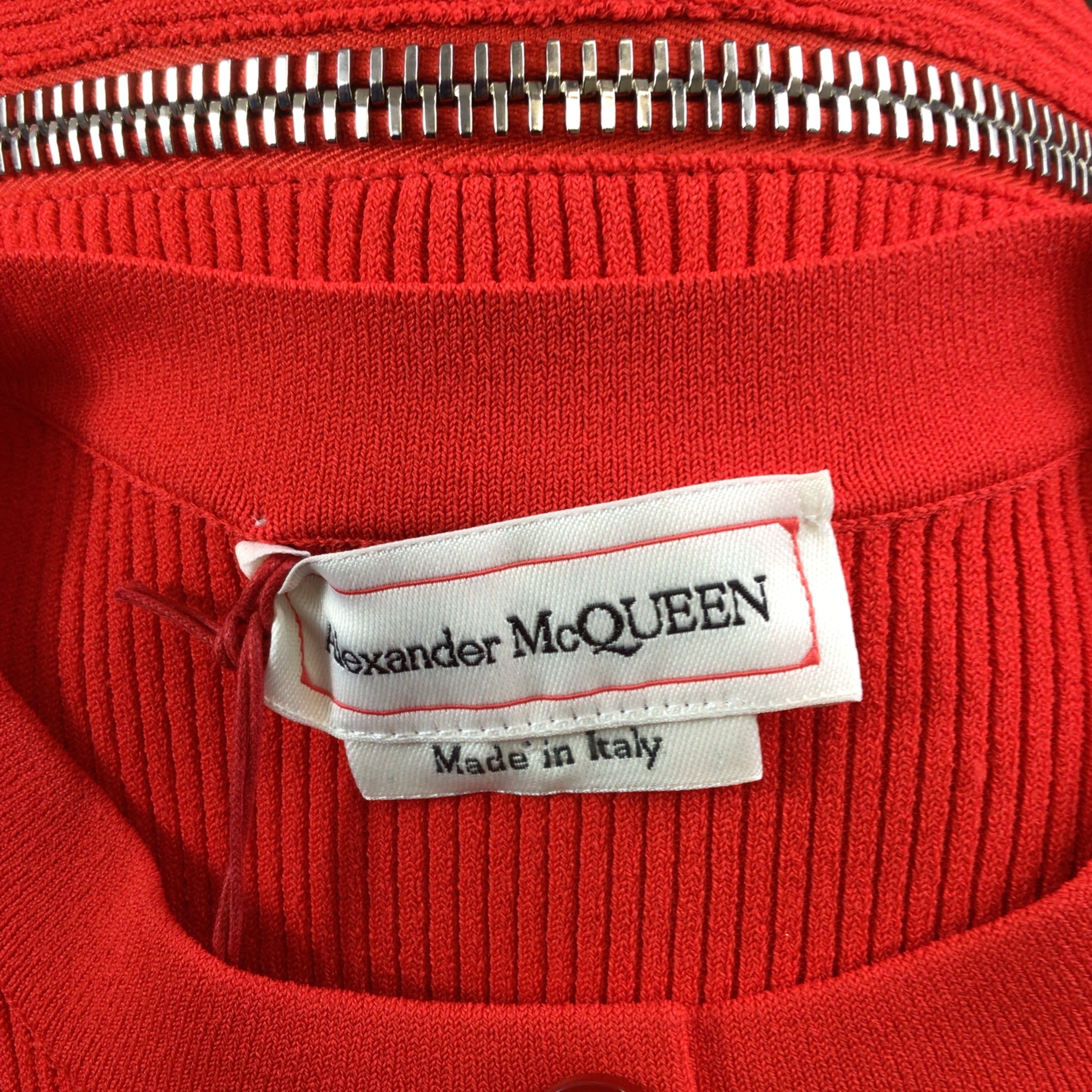 Alexander McQueen Women's Red & Silver Zipper Detail Peplum Hem Cardigan Sweater | Fashion Knitwear for Office, Party & Evening Outfits